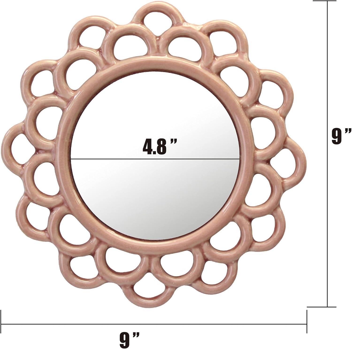 9" Decorative Round Floral Ceramic Wall Hanging Mirror Pink - Stonebriar Collection: Elegant Scalloped Edge, Keyhole Hanger