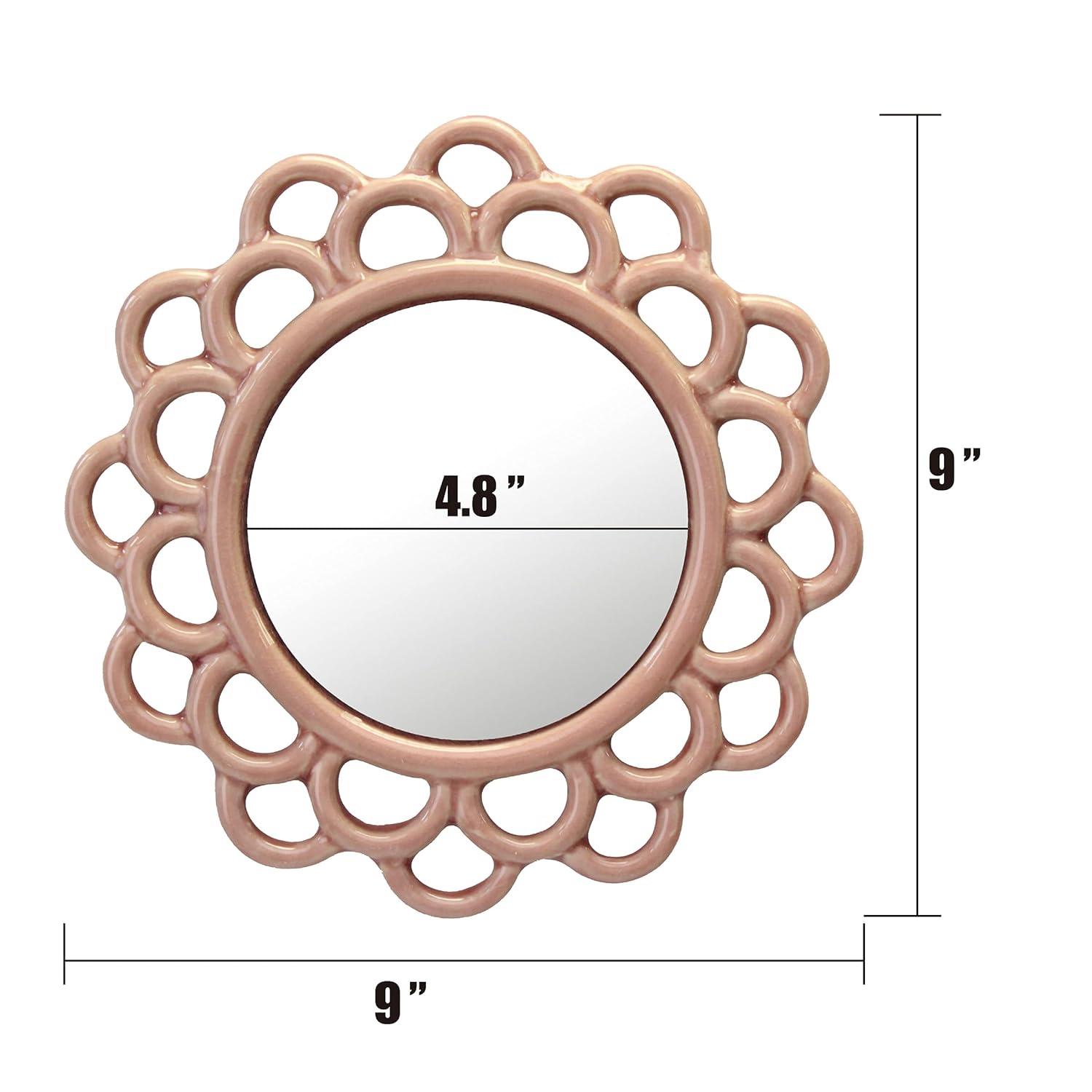 9" Decorative Round Floral Ceramic Wall Hanging Mirror Pink - Stonebriar Collection: Elegant Scalloped Edge, Keyhole Hanger
