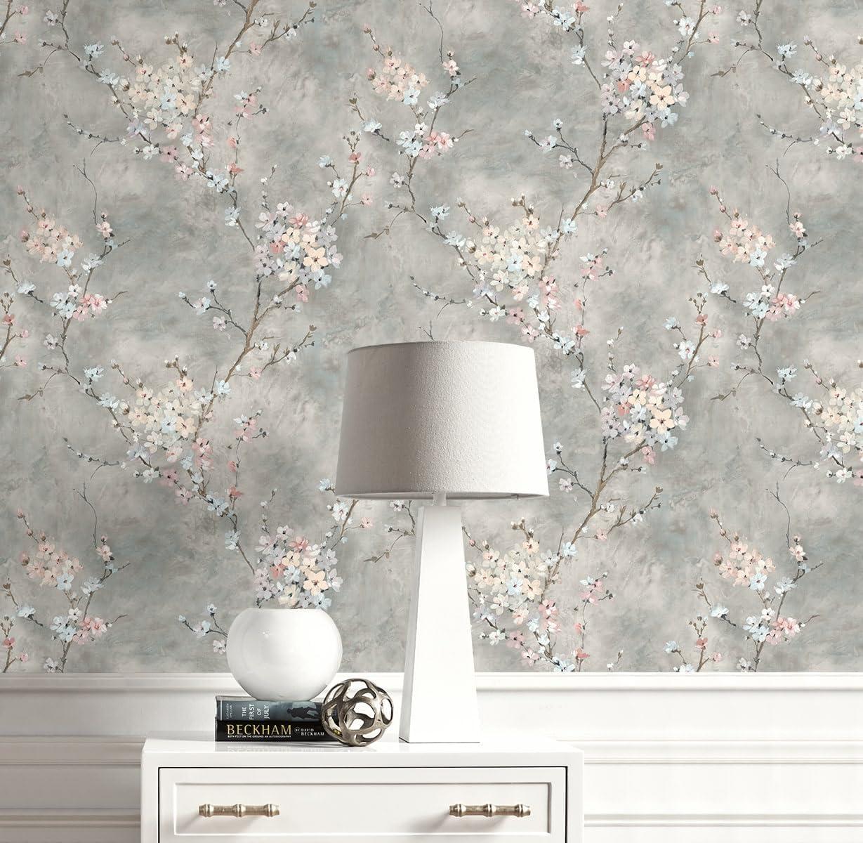 Harry & Grace Grey Floral Blossom Peel and Stick Wallpaper - 27 in. W. x 18 ft. L. Roll