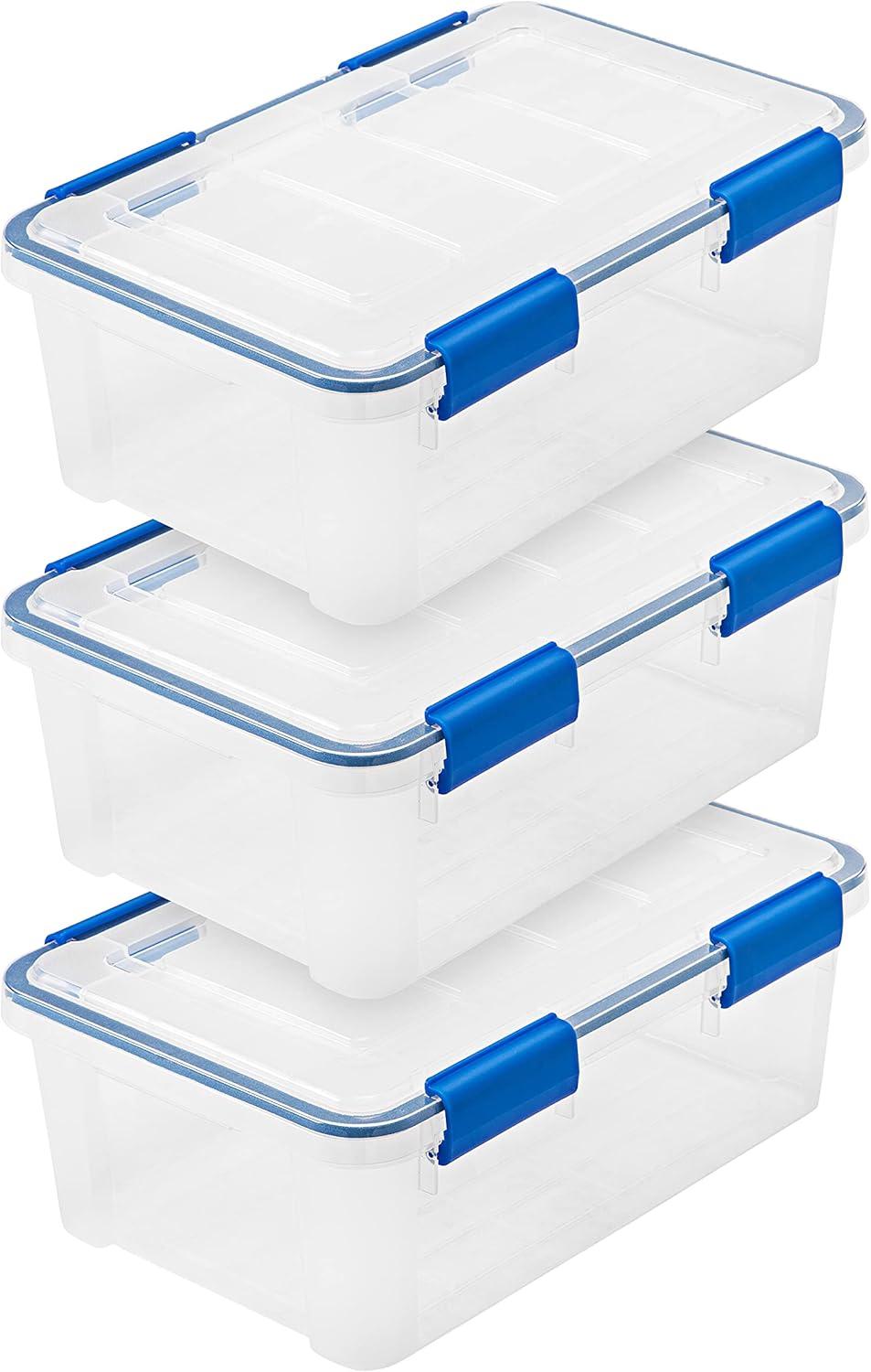 USA 16 Qt Storage Box with Gasket Seal Lid, 3 Pack - BPA-Free, Made in USA - Heavy Duty Moving Containers with Tight Latch, Weather Proof Tote Bin, WEATHERPRO - Clear/Blue