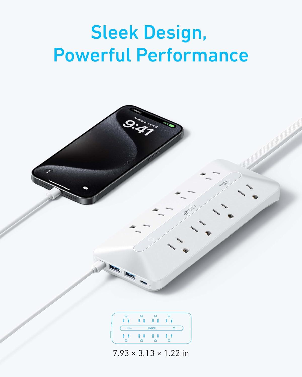 White 12-in-1 USB-C Power Strip with Surge Protection