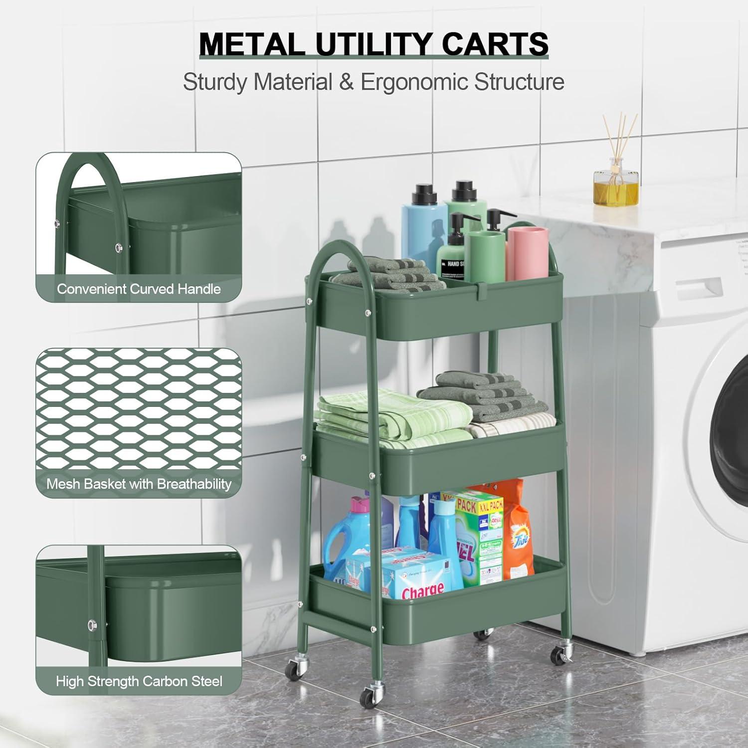 edx 3 Tier Rolling Cart, Metal Utility Cart Storage Organizer with Lockable Casters, Multi-Functional Mesh Rolling Storage Cart for Kitchen Office, Green