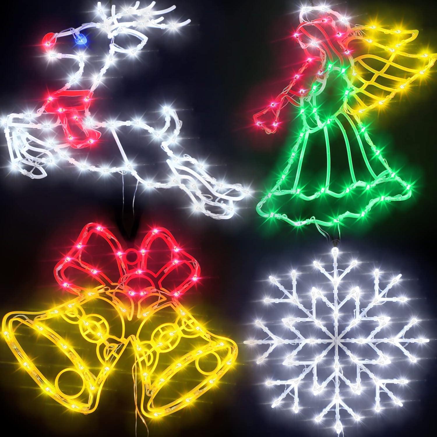 16 Inch Christmas Window Silhouette Lights Decorations, 4 Pack Waterproof Window Hanging Lights Elk, Christmas Tree, Santa Claus, Wreaths for Party, Home Indoor Outdoor Wall - 200 Mini Bulbs
