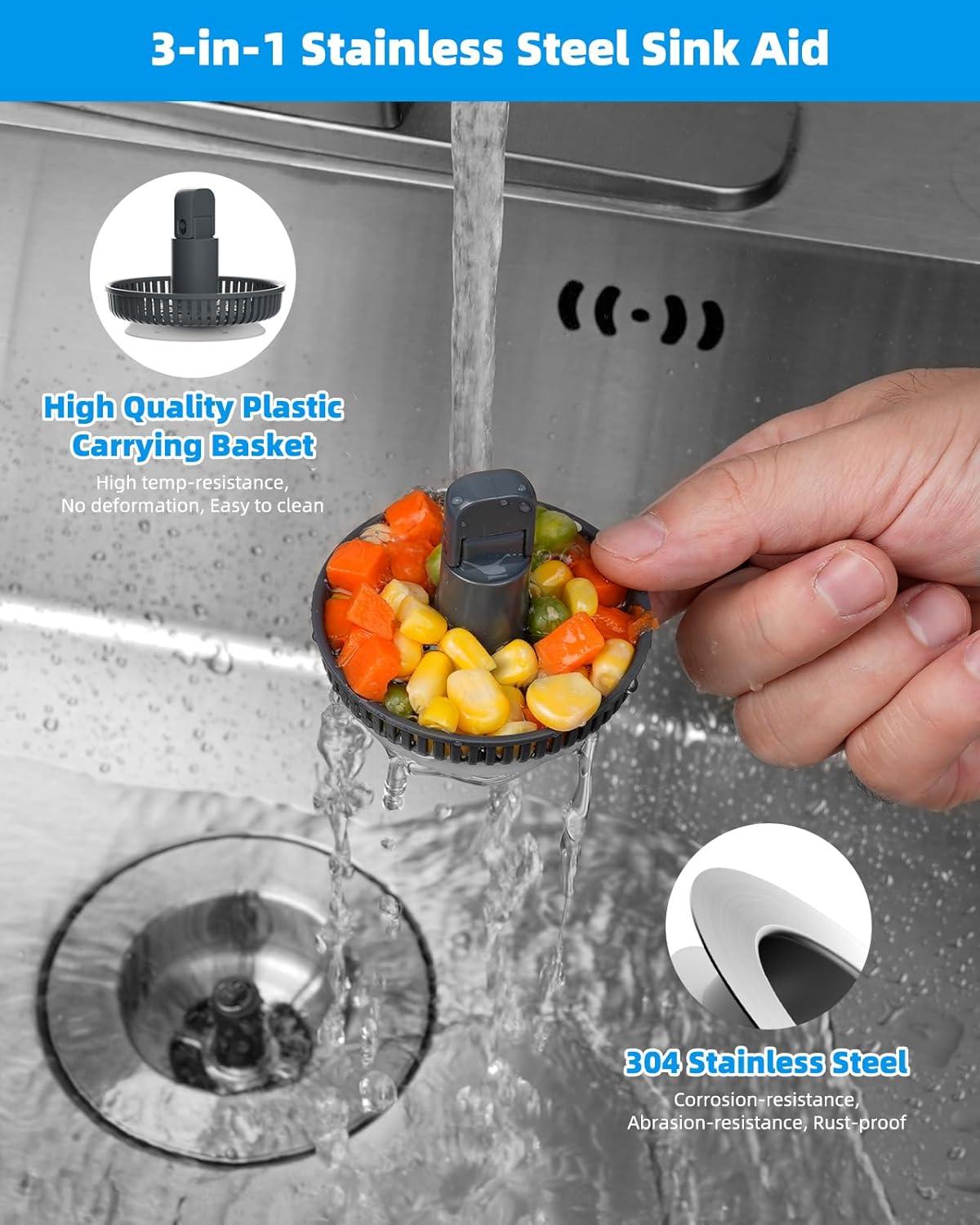 Hibbent 3-in-1 Kitchen Sink Drain Strainer  Stopper , Stainless Steel Pop-Up Design, Anti-Clogging Metal Basket with Handle, Compatible with US Standard 3-1/2" Drain