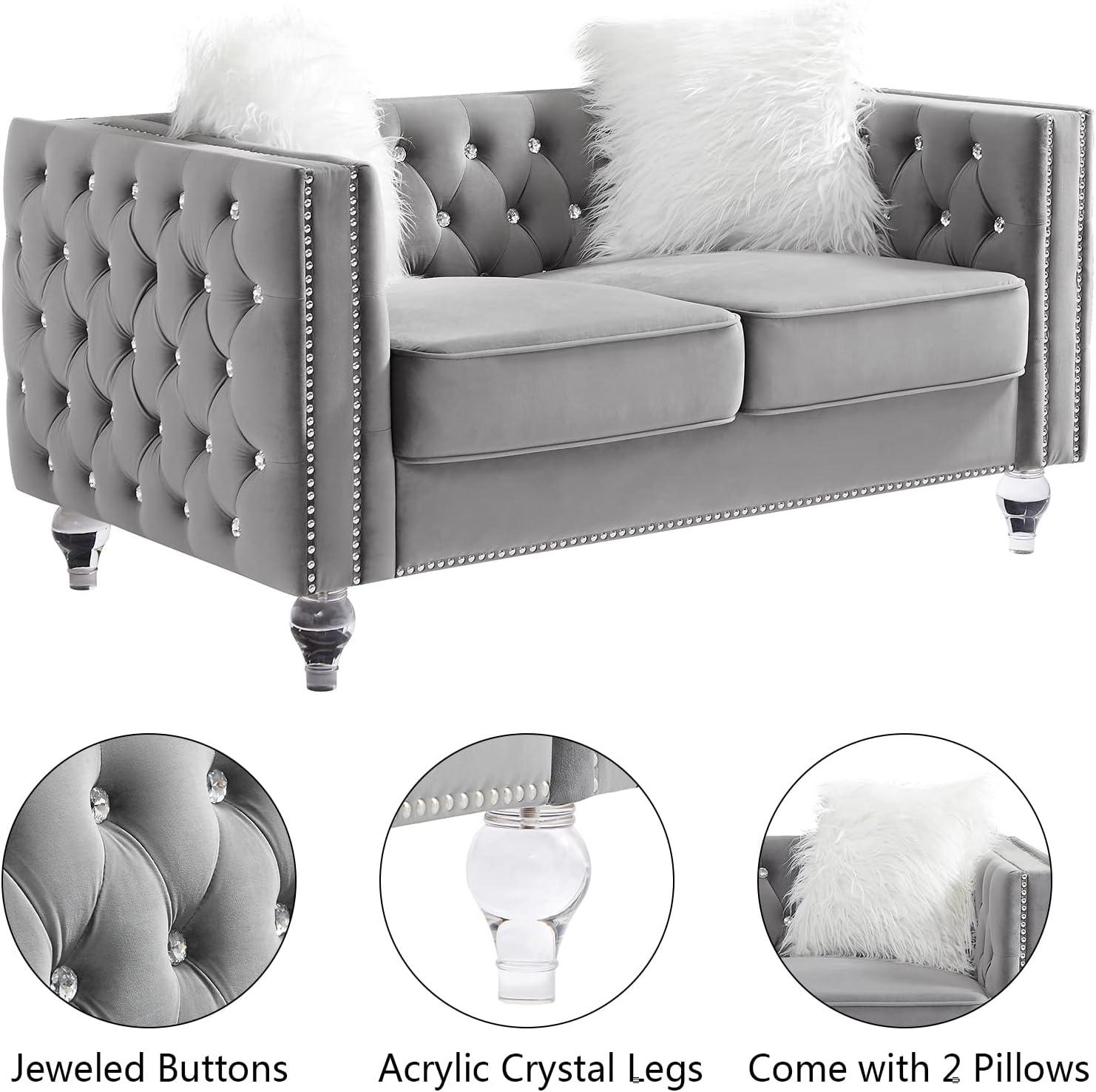 NicBex Velvet Loveseat Sofa with Jeweled Buttons Modern 2 Seater Couch with 2 Pillows for Living Room,Apartment