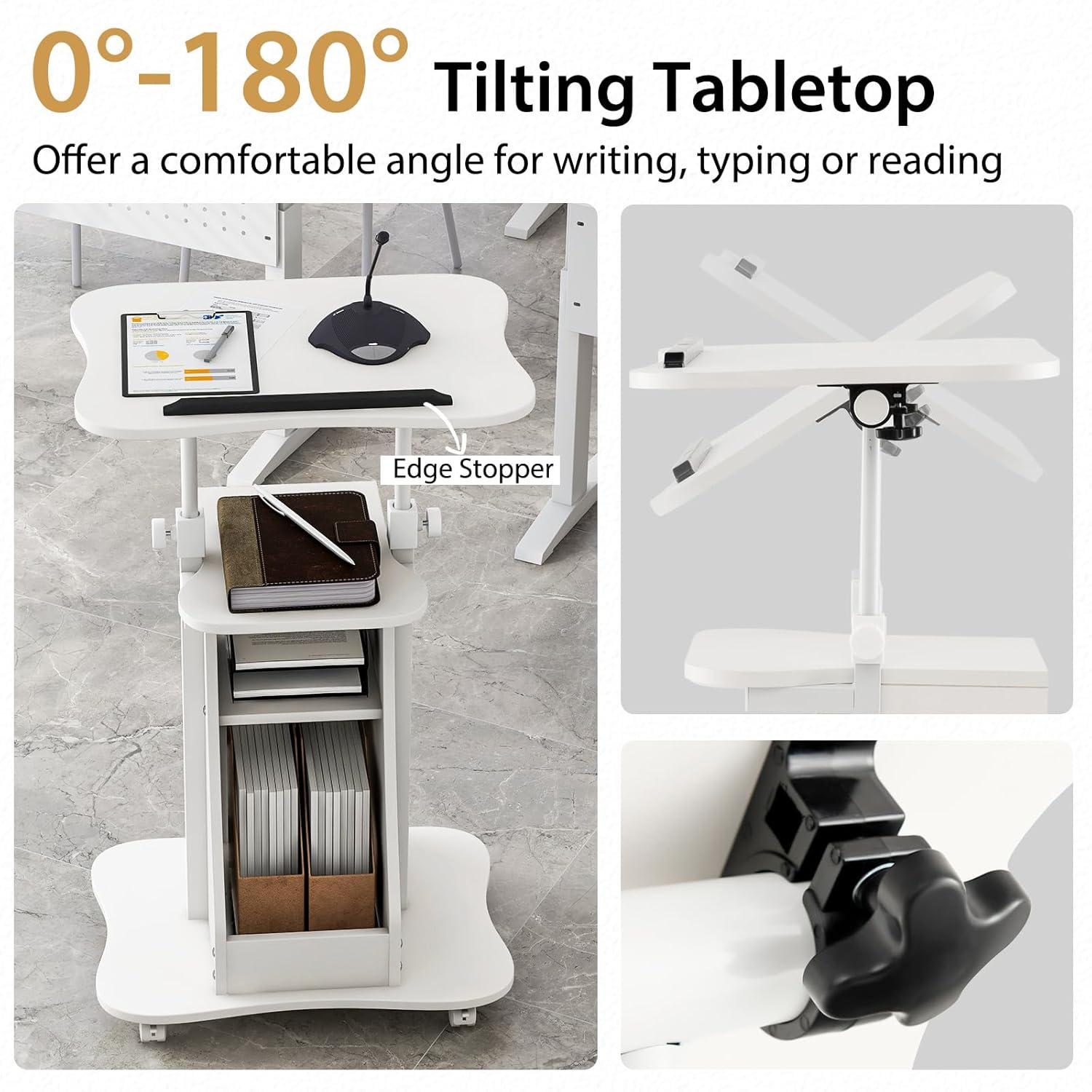 Costway Mobile Podium Stand Height Adjustable Laptop Cart with Storage Compartments Rolling Lectern with Lockable Casters for Classroom Office White