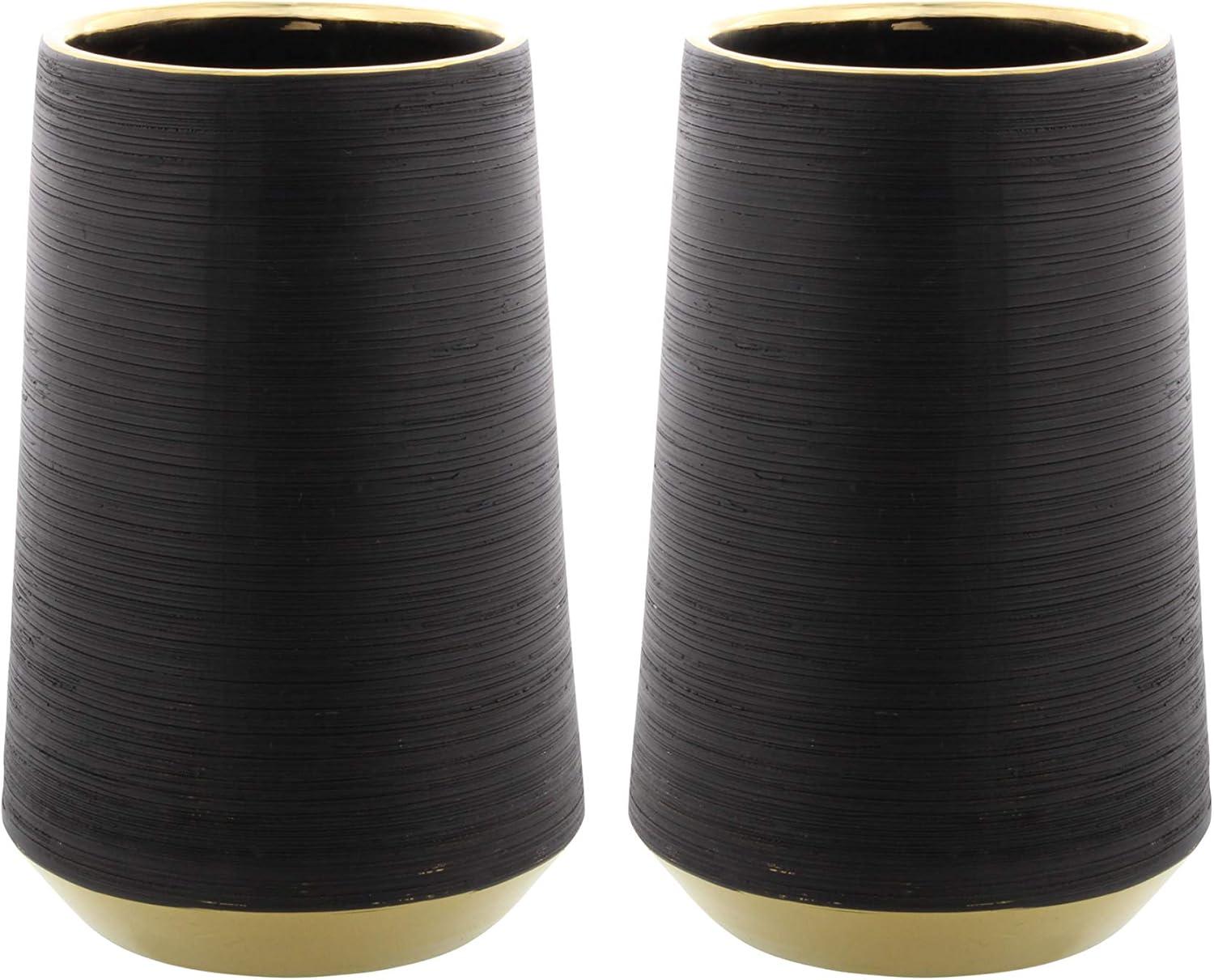 CosmoLiving by Cosmopolitan 8" Ribbed Black Porcelain Ceramic Vase with Gold accents