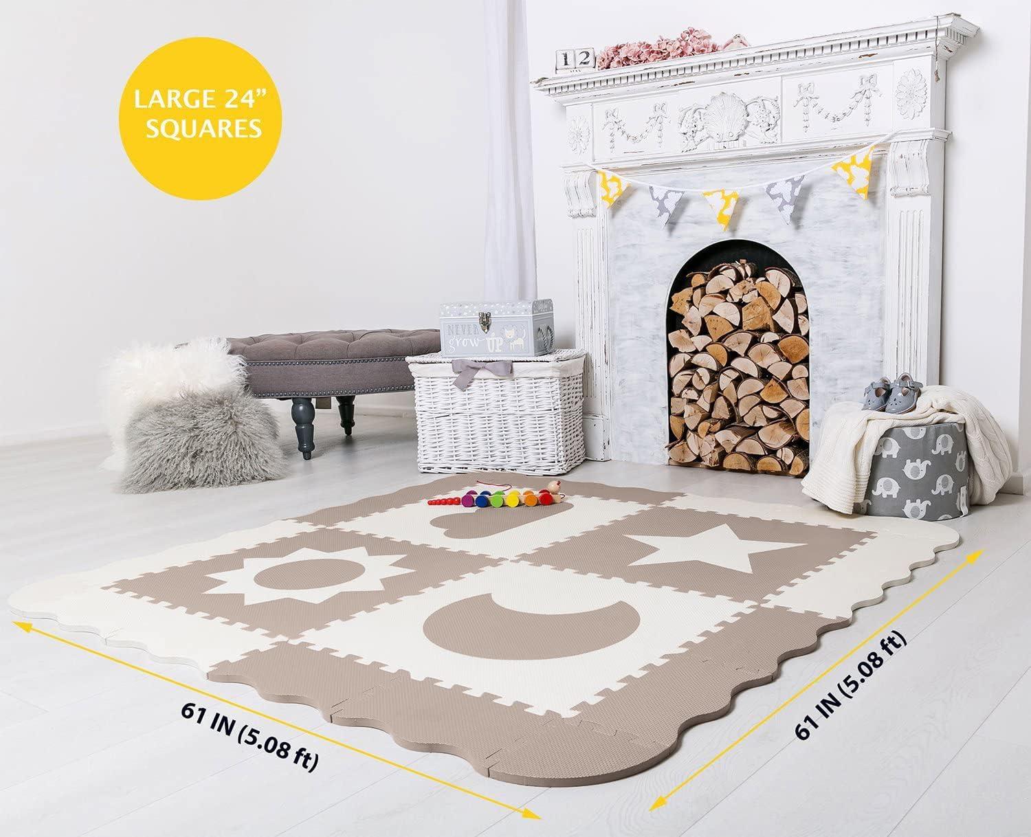 CHILDLIKE BEHAVIOR Baby Play Mat Tiles - Non Toxic Foam Floor Mat for Playroom & Nursery, 61"x61" X-Large, Biege