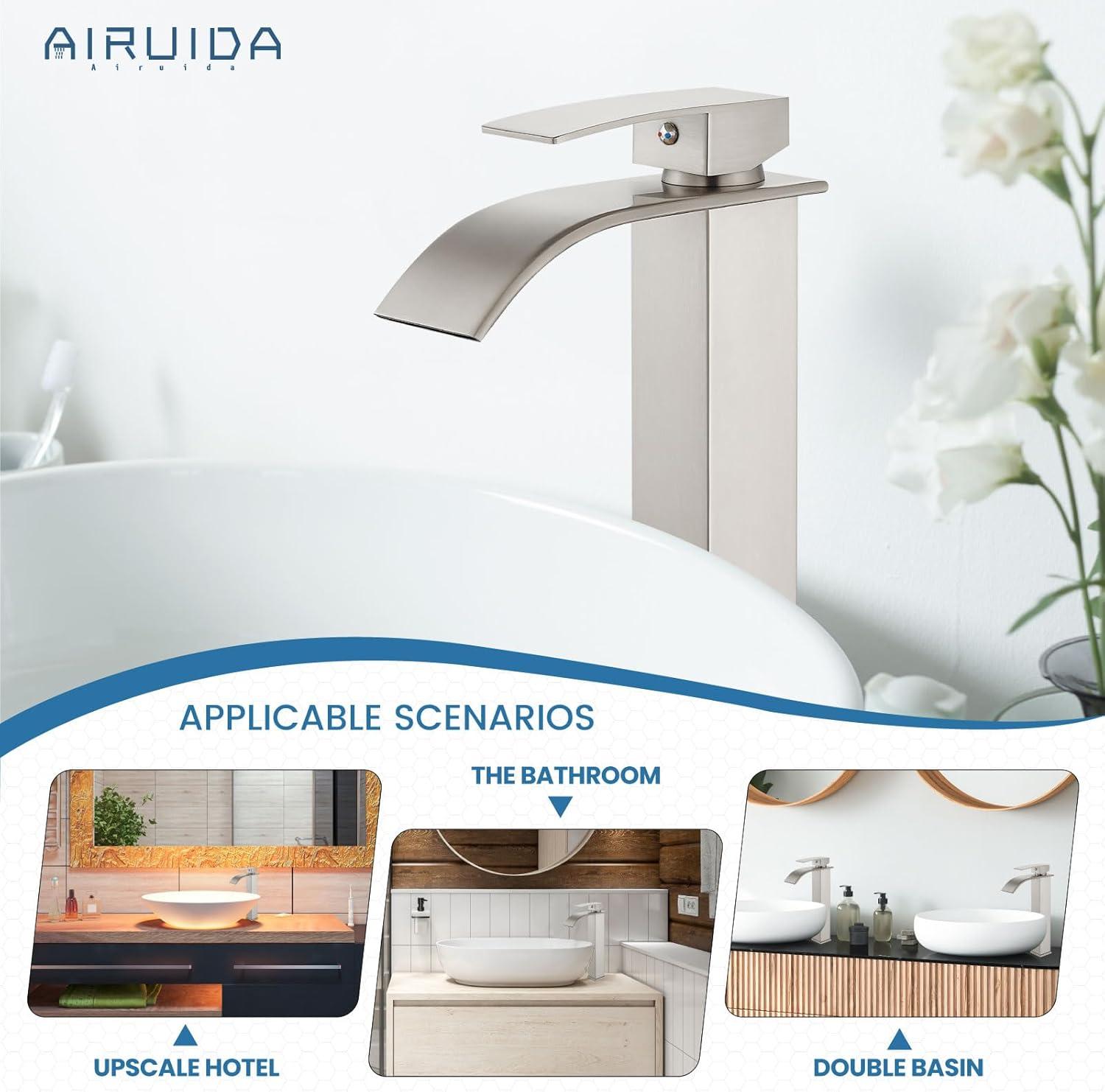 Single Handle Waterfall Vessel Sink Faucet Drain Kit Included and Single Hole in Brushed Nickel