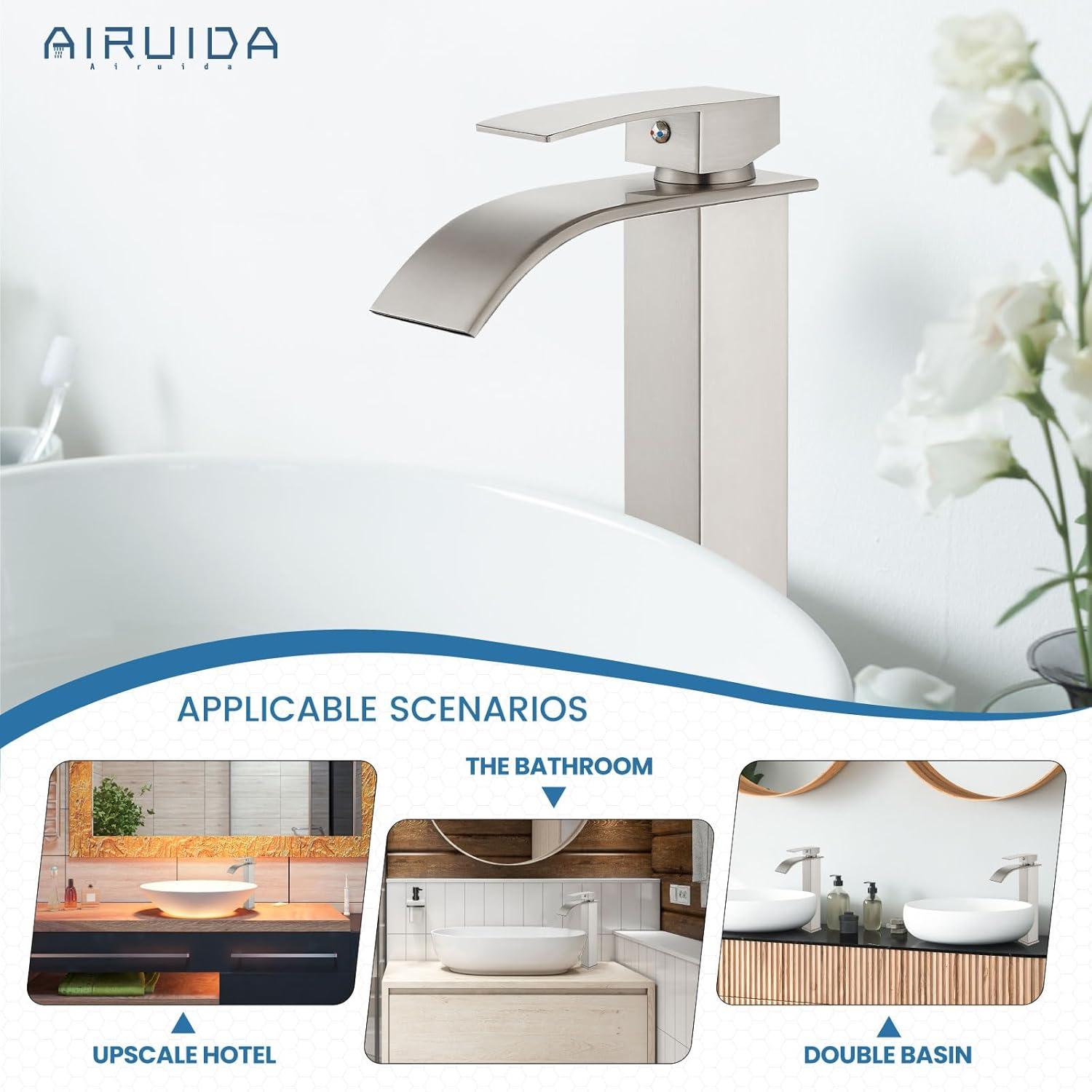 Single Handle Waterfall Vessel Sink Faucet Drain Kit Included and Single Hole in Brushed Nickel