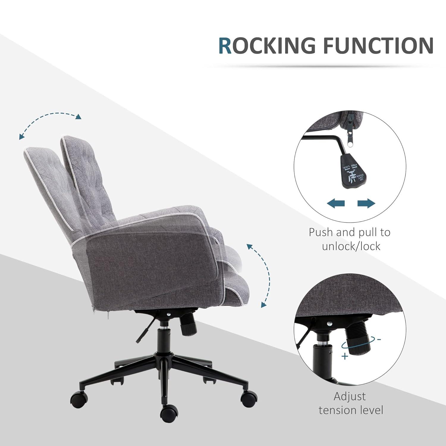 Vinsetto Modern Mid-Back Tufted Linen Home Office Desk Chair with Arms, Swivel Adjustable Task Chair, Upholstery Accent Chair with Soft Seat, Gray