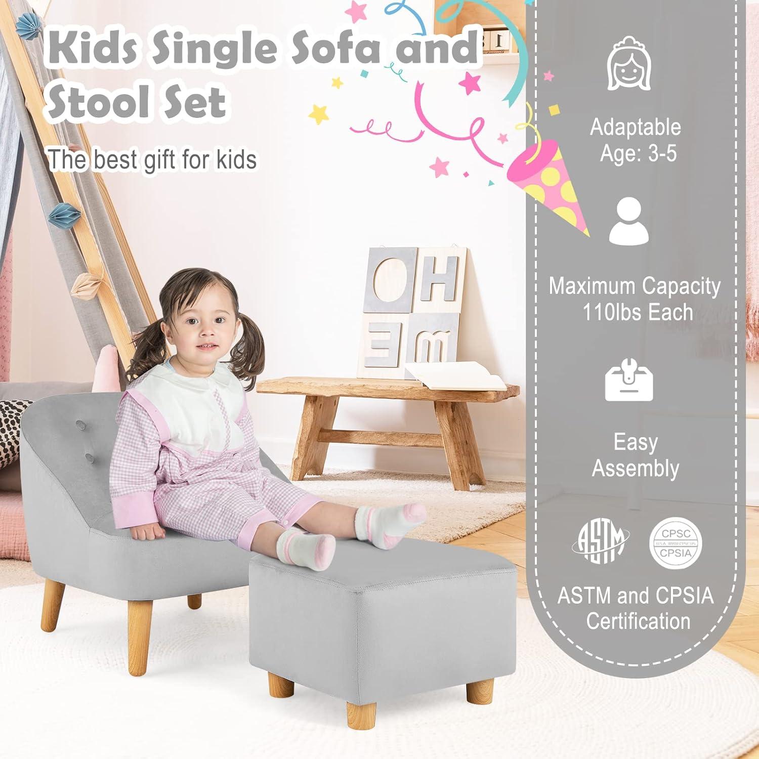 Costway Kids Sofa Chair w/ Ottoman Toddler Single Sofa Velvet Upholstered Couch Grey\Pink