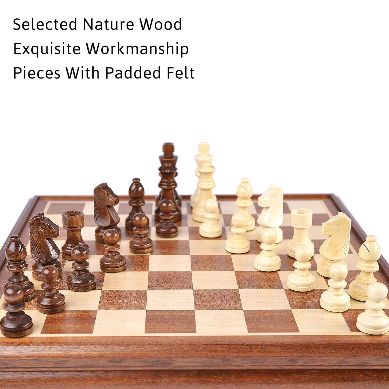 VAMSLOVE Chess and Checkers Board Game Sets for Adults Wooden Deluxe 15 inch Wood Board Box with Storage, Classic 2 in 1 Large Size with Chess Pieces - 3” King Height - 2 Extra Queens