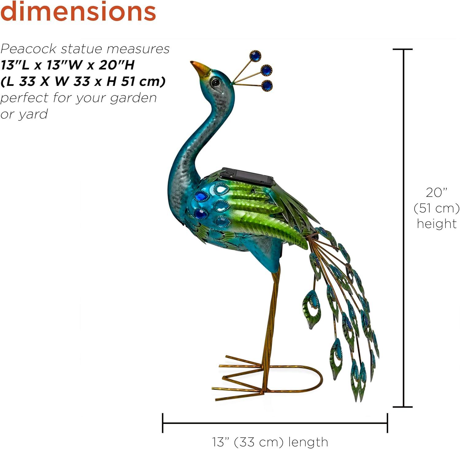Alpine Corporation LED Solar Garden Peacock: Iron Sculpture, Outdoor Decor, 20" Height