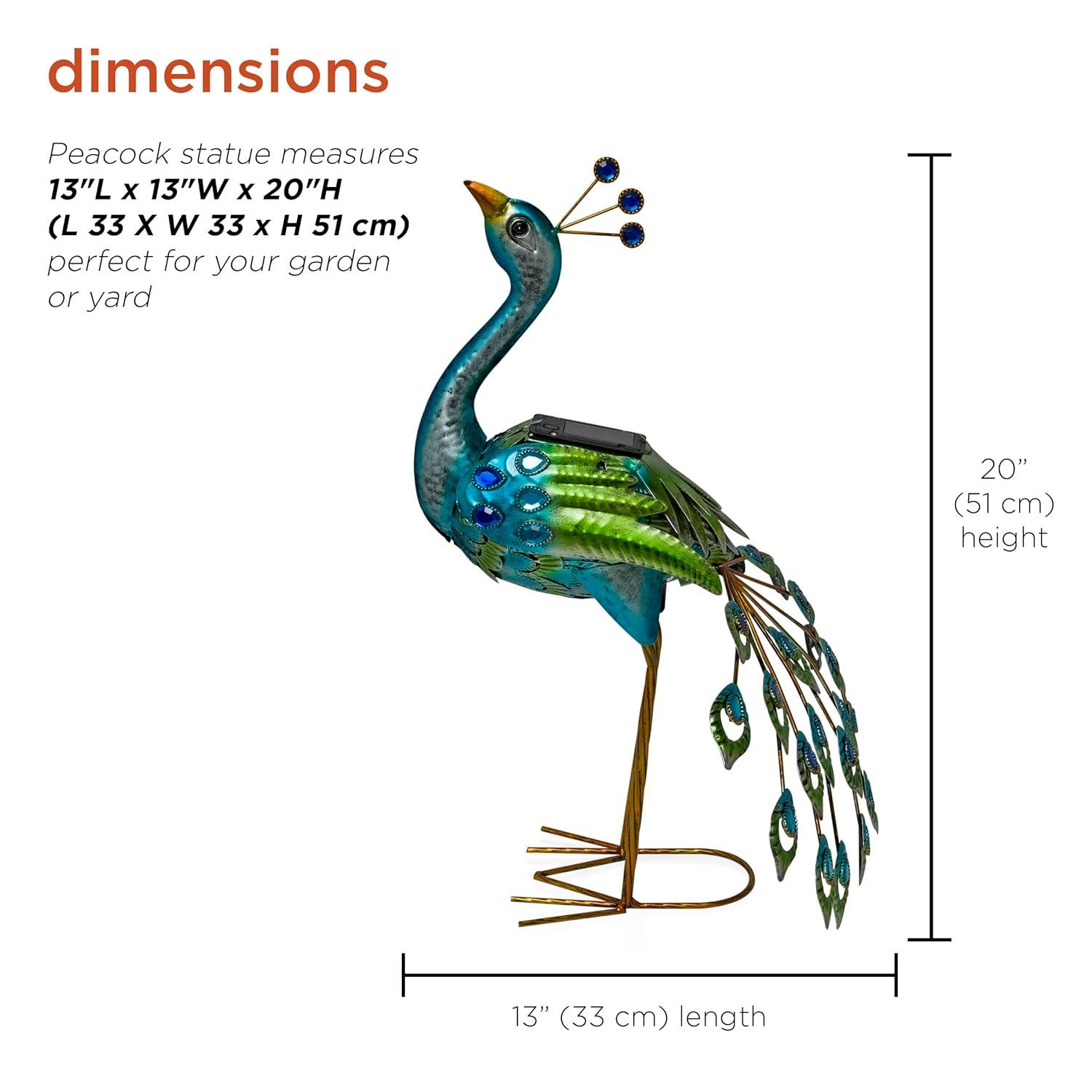 Alpine Corporation LED Solar Garden Peacock: Iron Sculpture, Outdoor Decor, 20" Height