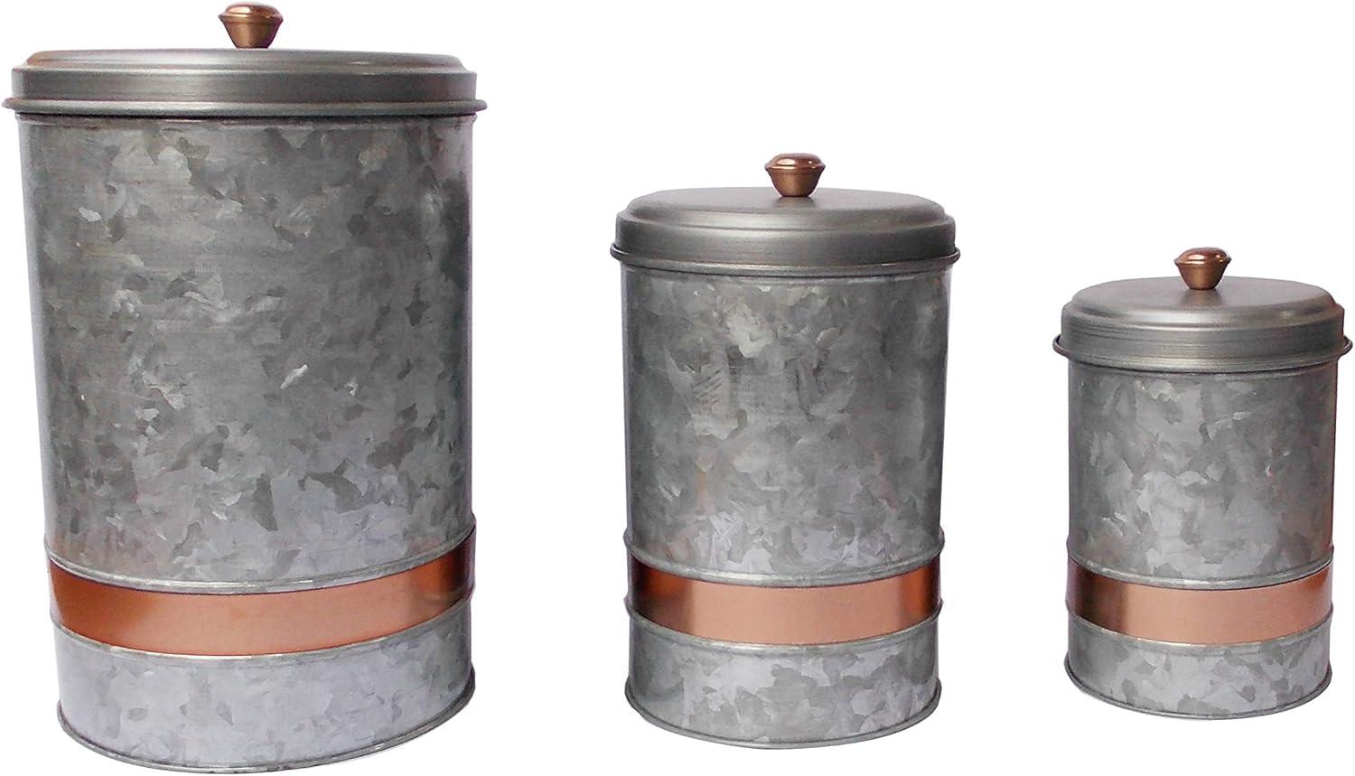 Galvanized Metal and Copper Band Canister Set, Silver