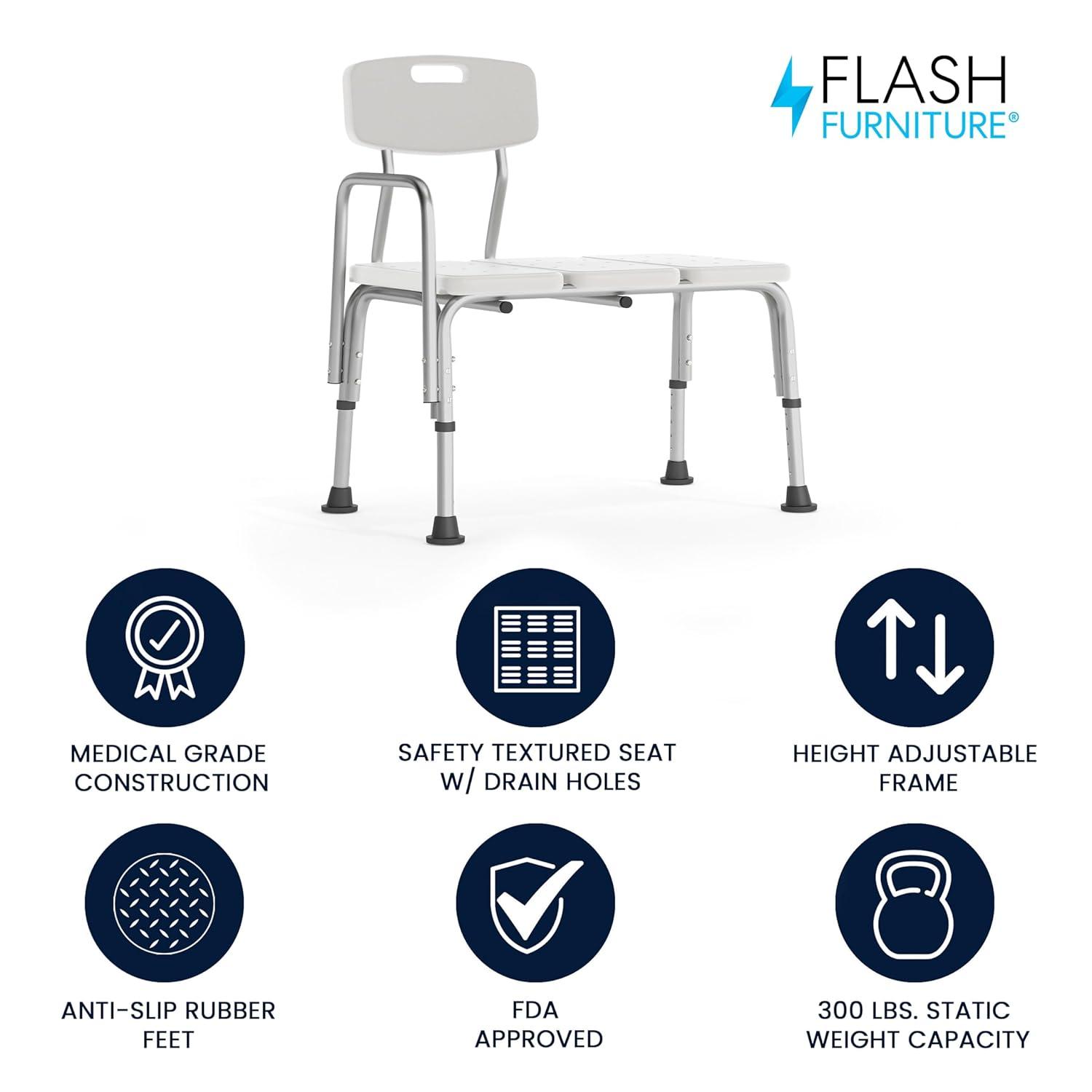 Flash Furniture DC-HY3510L-WH-GG Phoebe Aluminum Height Adjustable Medical Shower Transfer Bench