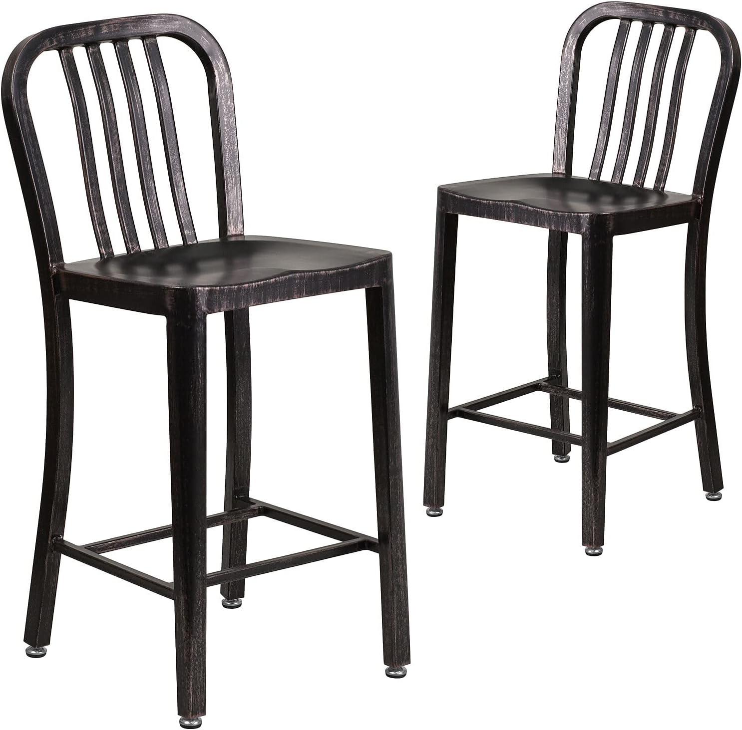 Flash Furniture Commercial Grade 24" High Black-Antique Gold Metal Indoor-Outdoor Counter Height Stool with Vertical Slat Back