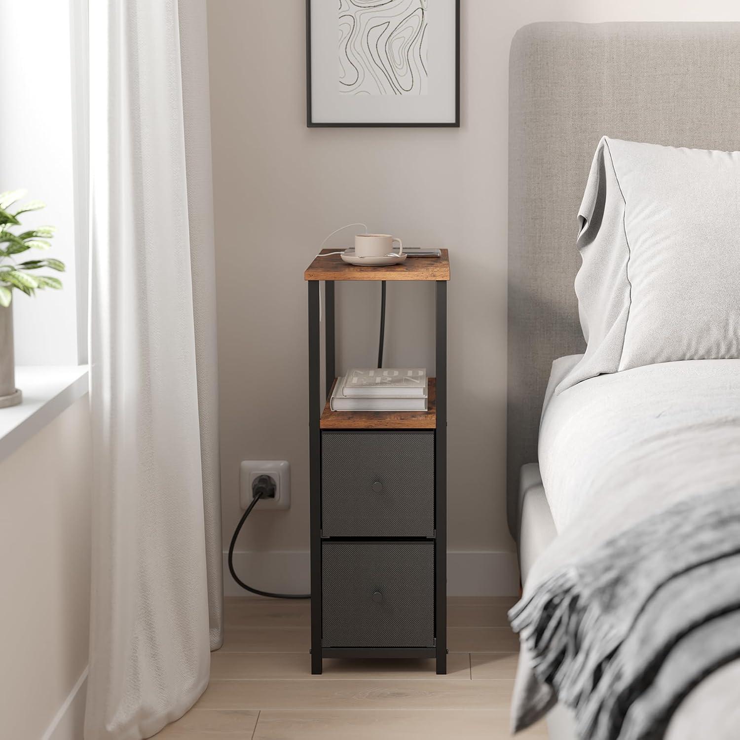 Brown and Black Narrow End Table Set with Charging Station