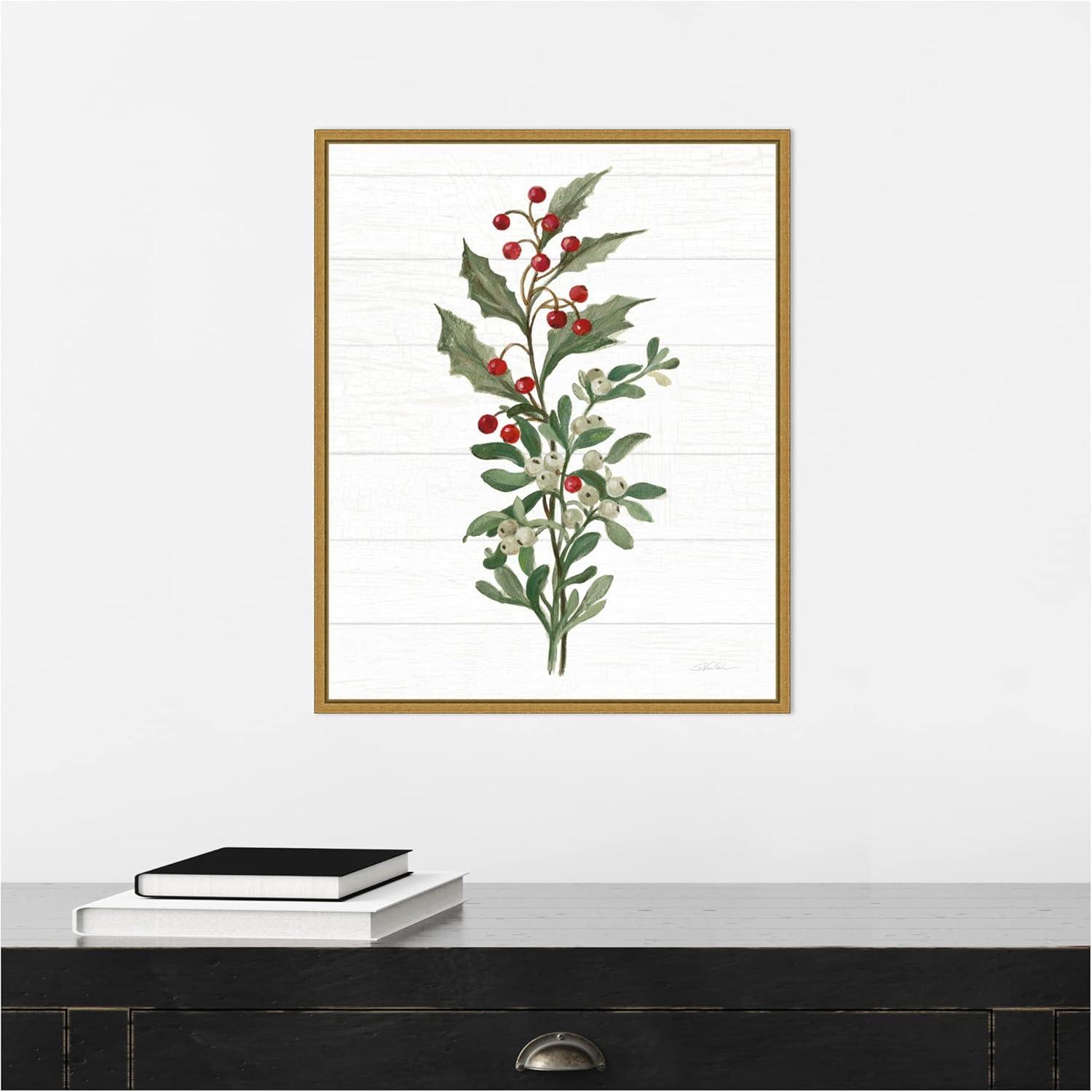 Christmas Holly and Mistletoe Canvas Print with Gold Frame