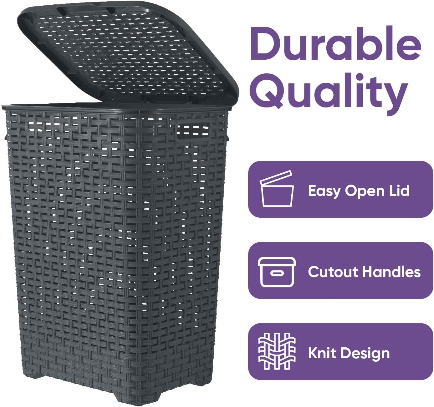 Gray Wicker Upright Hamper with Hinged Lid