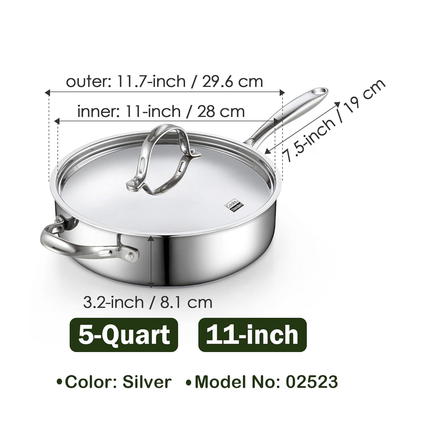 Cooks Standard Cooks Standard Classic 5 QT 11 inch Stainless Steel Saute Pan Frying Pan Skillet with Lid