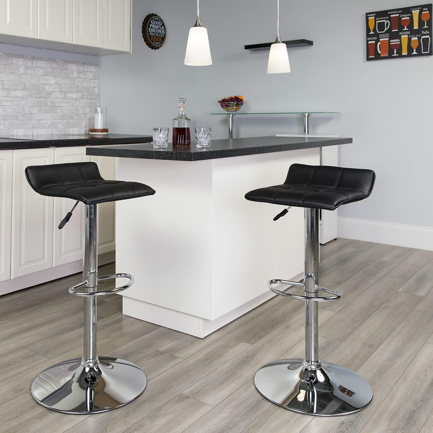 Flash Furniture Contemporary Black Vinyl Adjustable Height Barstool with Quilted Wave Seat and Chrome Base