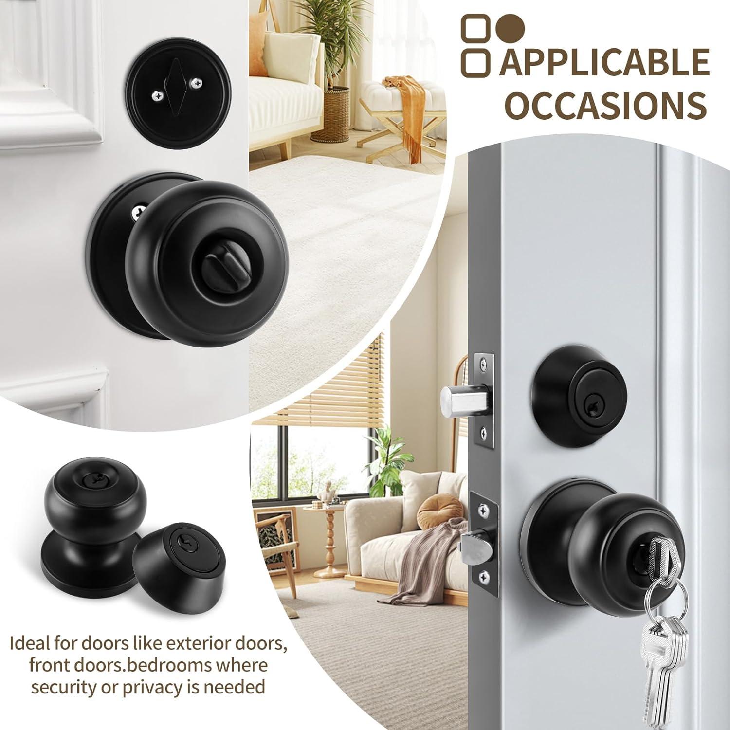 3 Pack Keyed Alike Entry Door Knobs and Single Cylinder Deadbolt Lock Combo Set Security for Entrance and Front Door with Classic Matte Black Finish