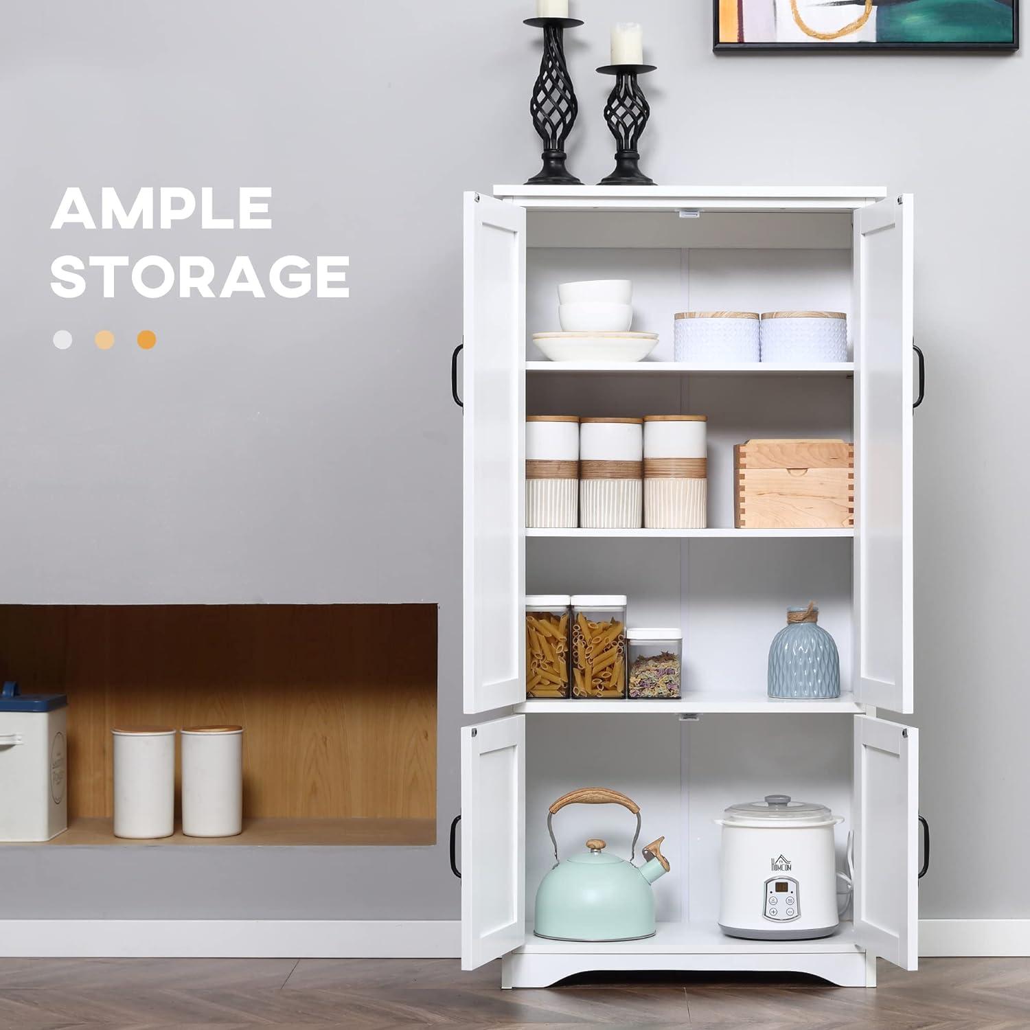 HOMCOM 48.5" Farmhouse Kitchen Pantry, Floor Storage Cabinet, Cupboard Organizer with Adjustable Shelves and 4-Doors for Dining Room, White