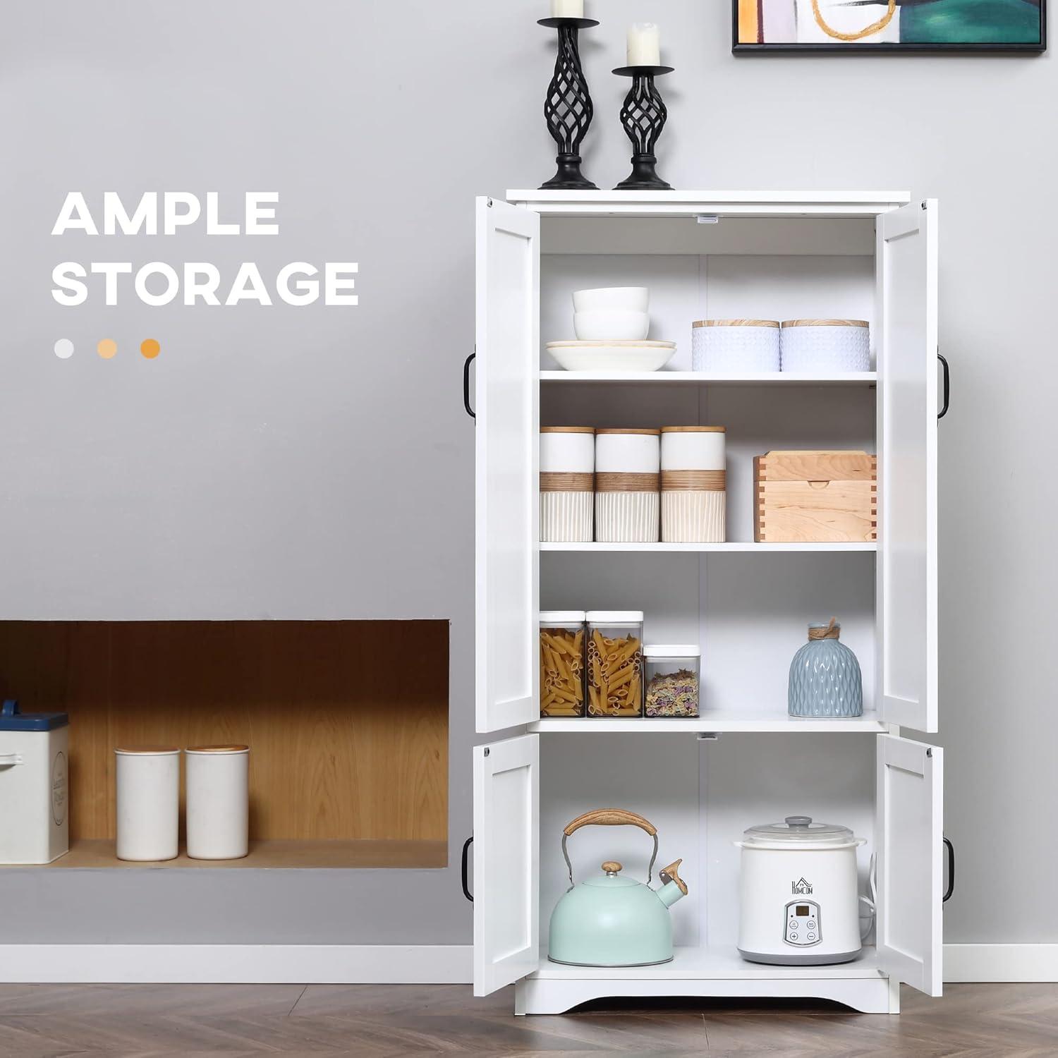 HOMCOM 48.5" Farmhouse Kitchen Pantry, Floor Storage Cabinet, Cupboard Organizer with Adjustable Shelves and 4-Doors for Dining Room, White