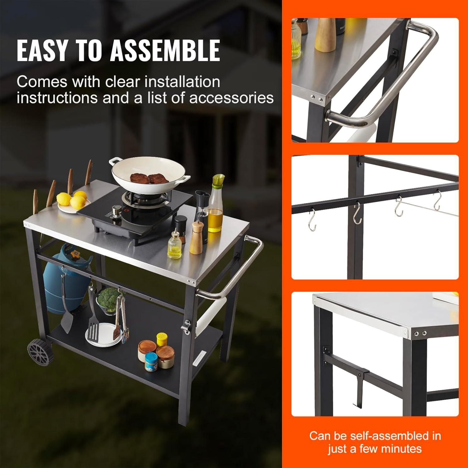 VEVOR Outdoor Grill Dining Cart with Double-Shelf, BBQ Movable Food Prep Table, Multifunctional Foldable Iron Table Top, Portable Modular Carts