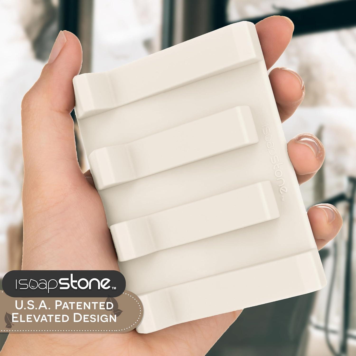 iSoapStone Premium Self-Draining Silicone Soap Dish: Waterfall Bar Holder Tray with Drain Saver, Anti-Slip Kitchen & Bathroom Accessory for Sponges and Bar Soaps - Patent-Pending Design (Light Grey)