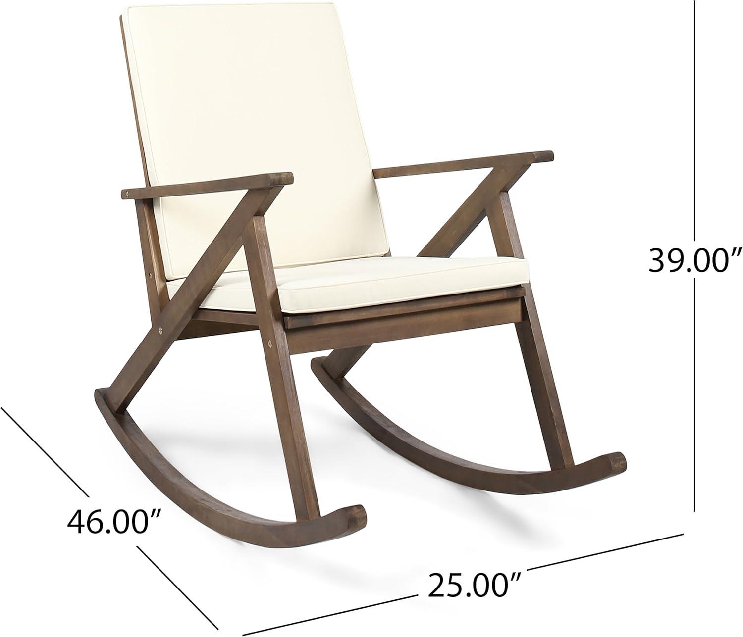 Louise Outdoor Acacia Wood Rocking Chair with Cushion, Dark Brown and Cream