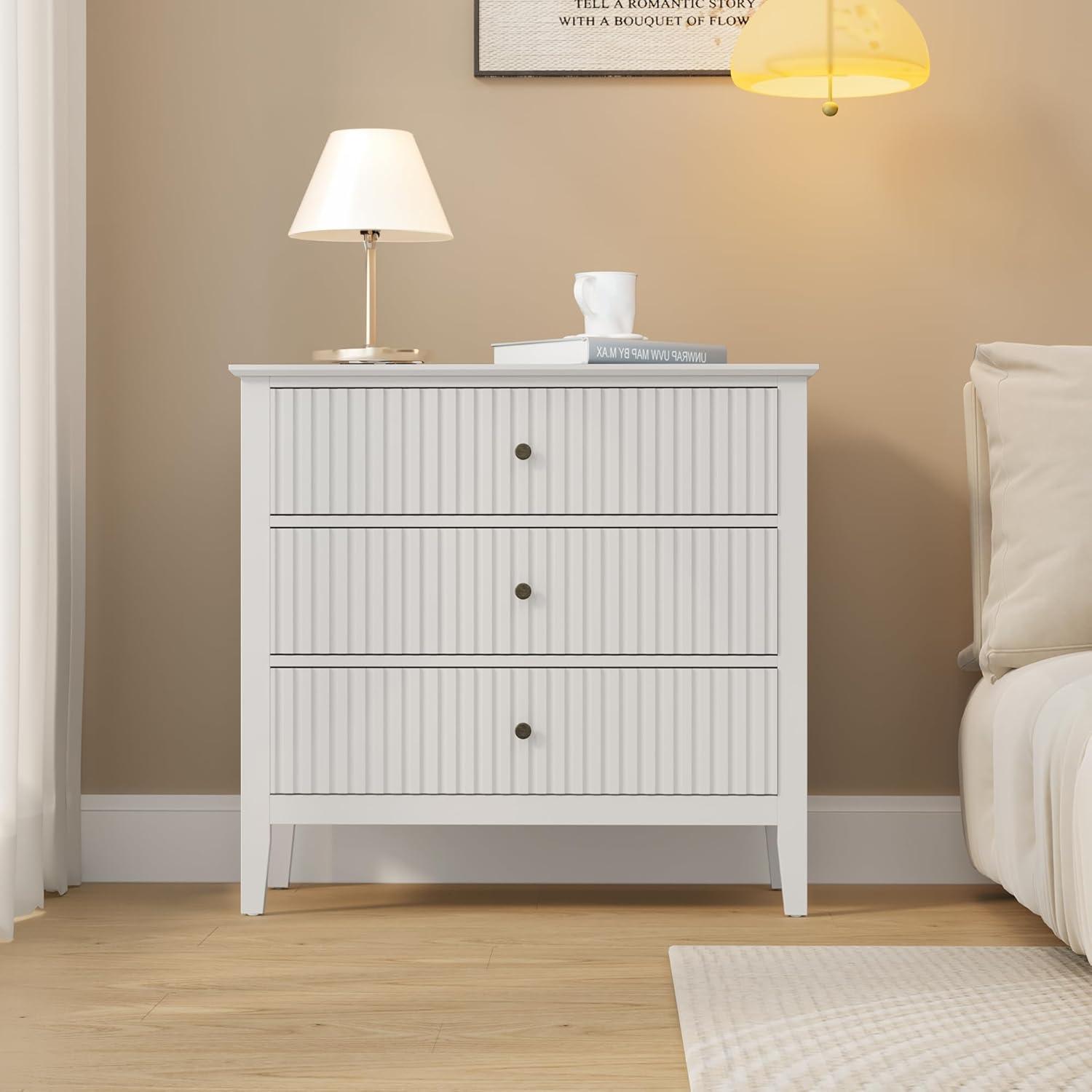 CozyHome White 3 Drawer Dresser, Painted 30 Inch Tall Wood Nightstand with Storage, Wide Modern Chest of Drawers with Ball Bearing Slide for Bedroom Hallway Living Room Entryway Office