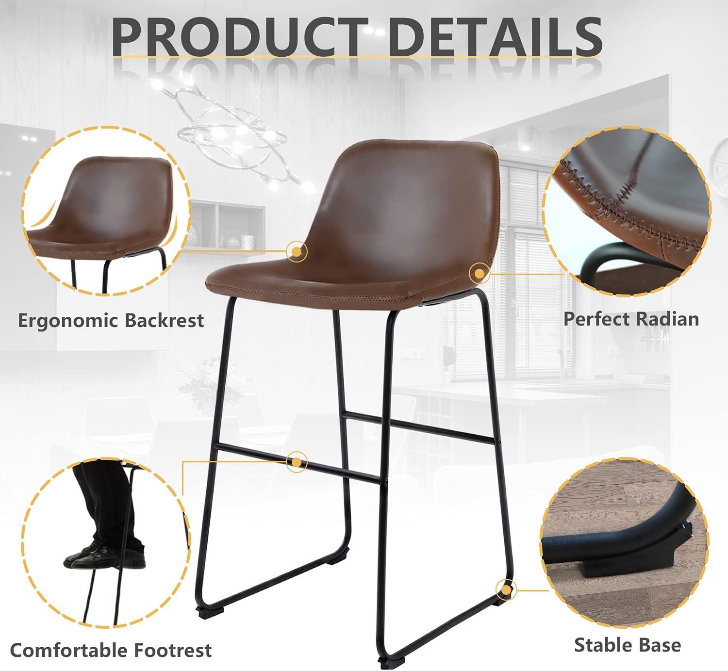 Killeryuki PU Leather Bar Stools with Back and Footrest Set of 2 Brown Modern Bar Stool Chair Height for Pub Coffee Home Dinning Kitchen