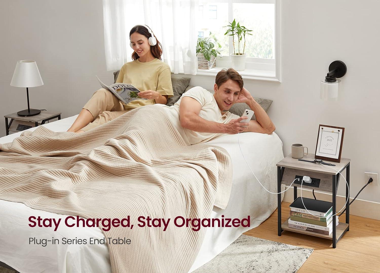 VASAGLE End Table with Charging Station, Small Side Table for Living Room, Bedroom, Nightstand with Outlets and USB Ports, Bedside Table with Storage Shelf, Heather Greige and Black