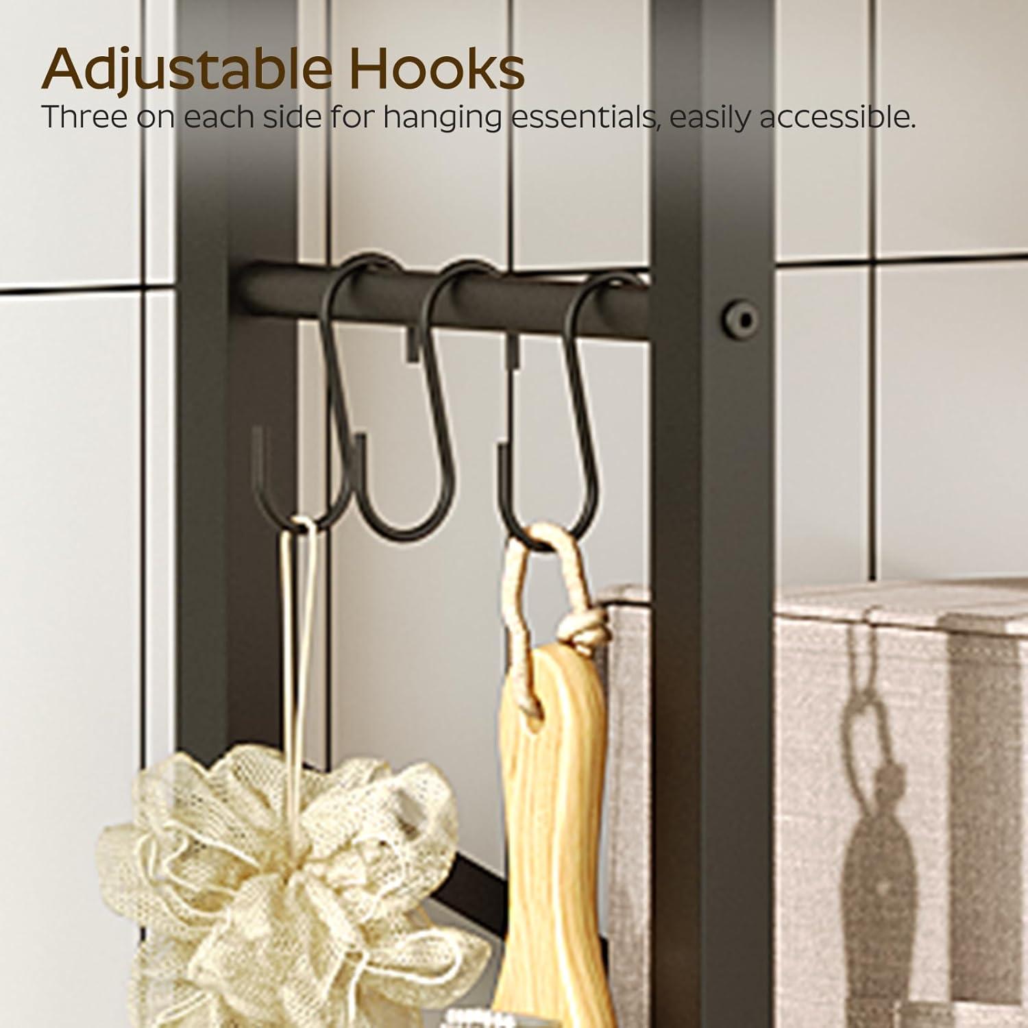Over The Toilet Storage, 2-Tier Bathroom Organizer Shelves with Hooks, Multifunctional Vertical The Toilet Shelf Storage Rack for Bathroom, Rustic Brown and Black TR01BR