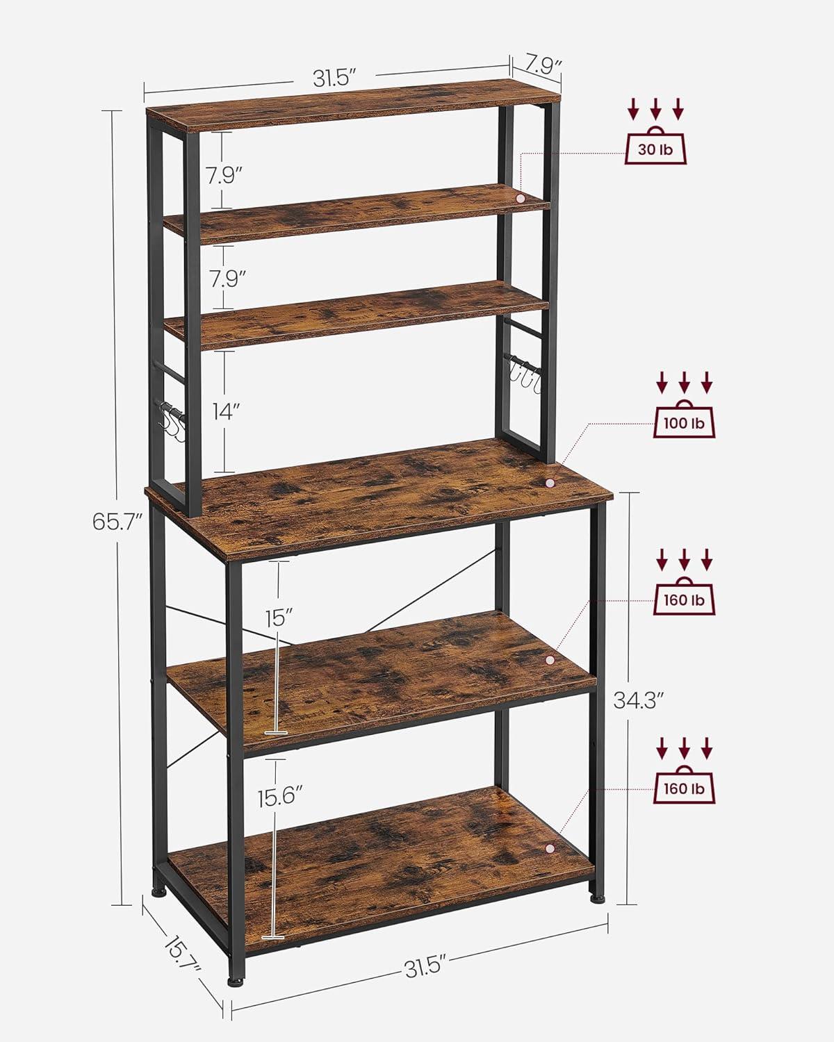 VASAGLE Baker's Rack Microwave Oven Stand Kitchen Tall Utility Storage Shelf 6 Hooks and Metal Frame Industrial 15.7 x 31.5 x 65.7 Inches Rustic Brown and Black