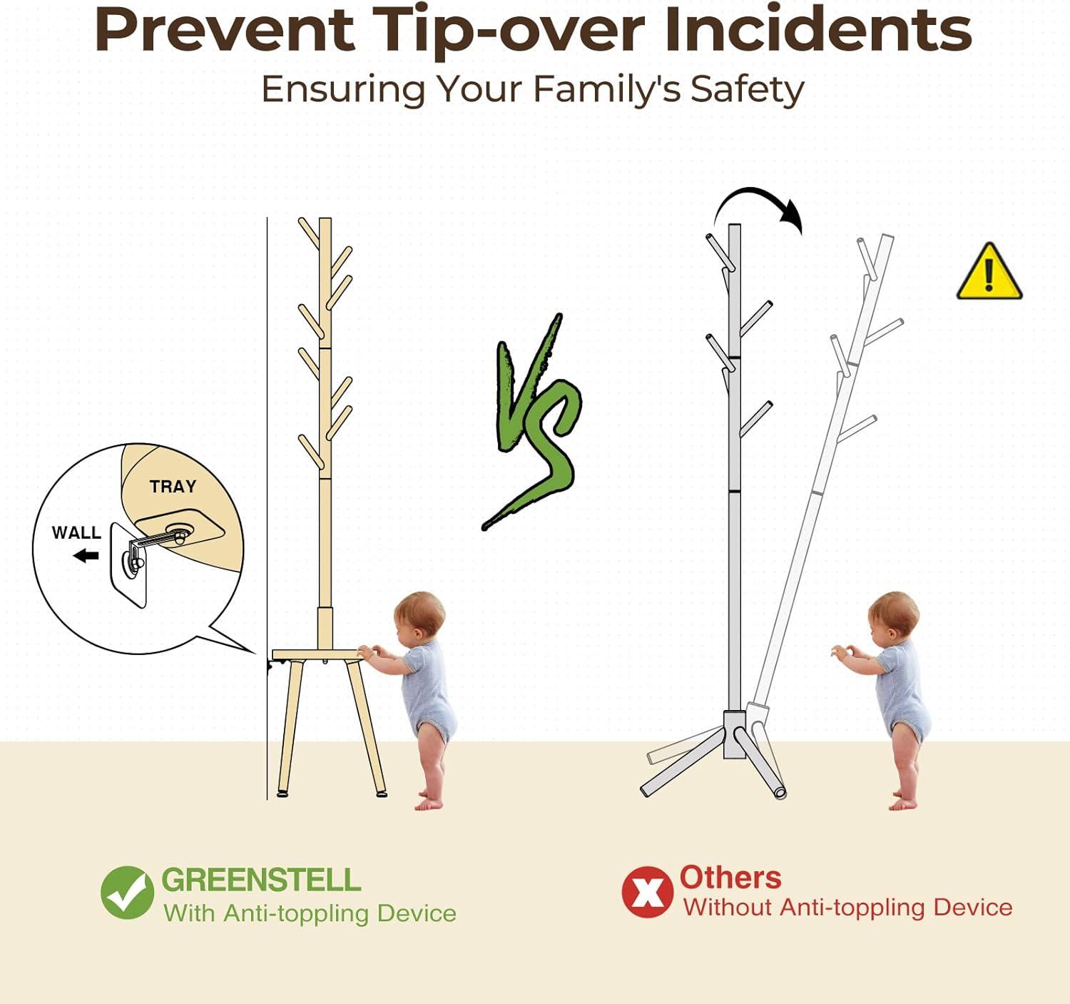 GREENSTELL Coat Rack with 8 Hooks, Wooden Coat Rack Freestanding with Shelf, Coat Tree with 4 Height Options 50.5"-72.6", Coat Hanger Stand for Bags, Clothes, Umbrellas, Hats, in Home, Natural