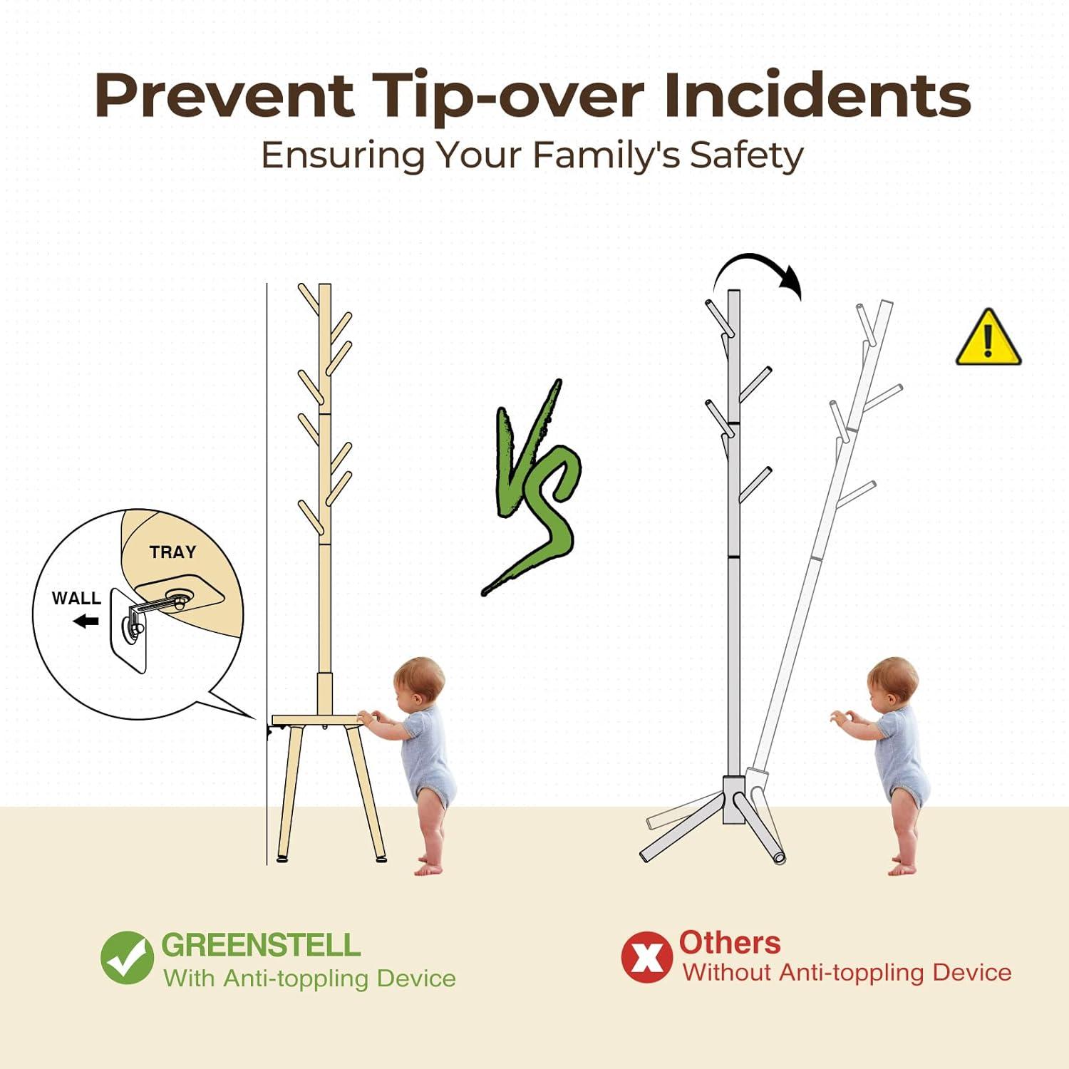 GREENSTELL Coat Rack with 8 Hooks, Wooden Coat Rack Freestanding with Shelf, Coat Tree with 4 Height Options 50.5"-72.6", Coat Hanger Stand for Bags, Clothes, Umbrellas, Hats, in Home, Natural