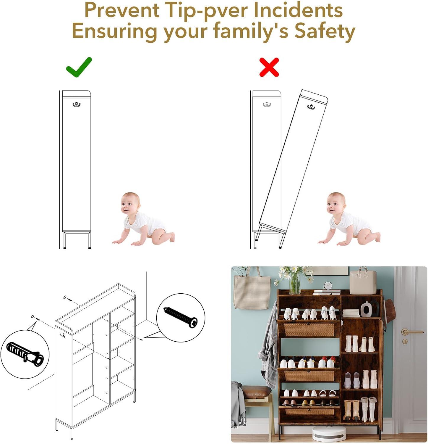 TROPOW Gabinete de Almacenamiento de Zapatos, Gabinete de Zapatos de 3 Niveles con Cajones Abatibles, Organizador de Almacenamiento de Zapatos Estrecho Independiente con Estantes Ajustables, Gabinete de Zapatero para Entrada, Cerca en la Parte Superior, Retro