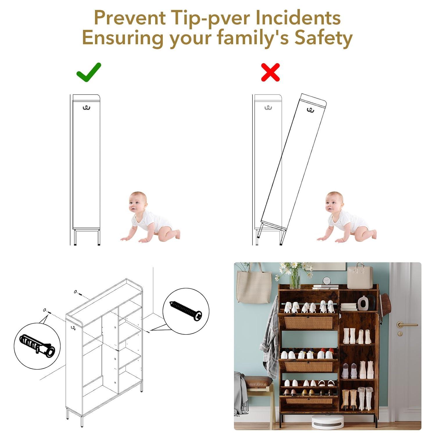 TROPOW Gabinete de Almacenamiento de Zapatos, Gabinete de Zapatos de 3 Niveles con Cajones Abatibles, Organizador de Almacenamiento de Zapatos Estrecho Independiente con Estantes Ajustables, Gabinete de Zapatero para Entrada, Cerca en la Parte Superior, Retro