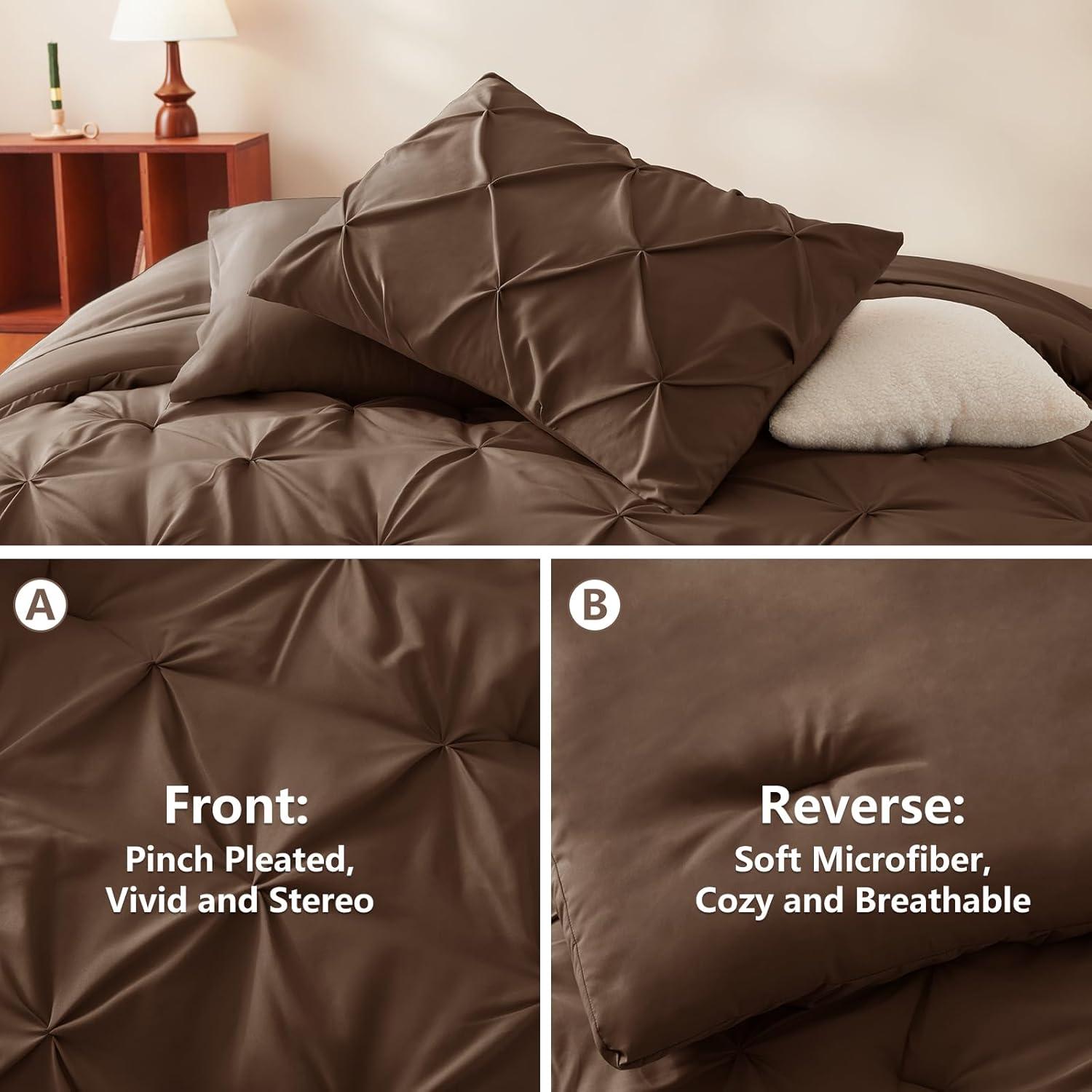 Queen Size Brown Comforter Set - 7 Piece Pintuck Bed in a Bag with All-Season Comforter, Pinch Pleat Bedding, Flat Sheet, Fitted Sheet, and Pillowcases & Shams