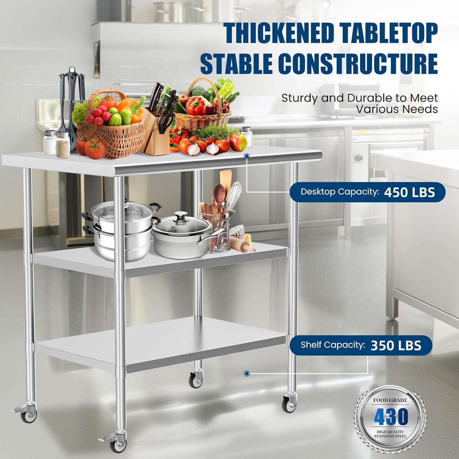 Sakiyr Stainless Steel Work Table, Heavy Duty Commercial Food Prep Table with Undershelf for Home Kitchen