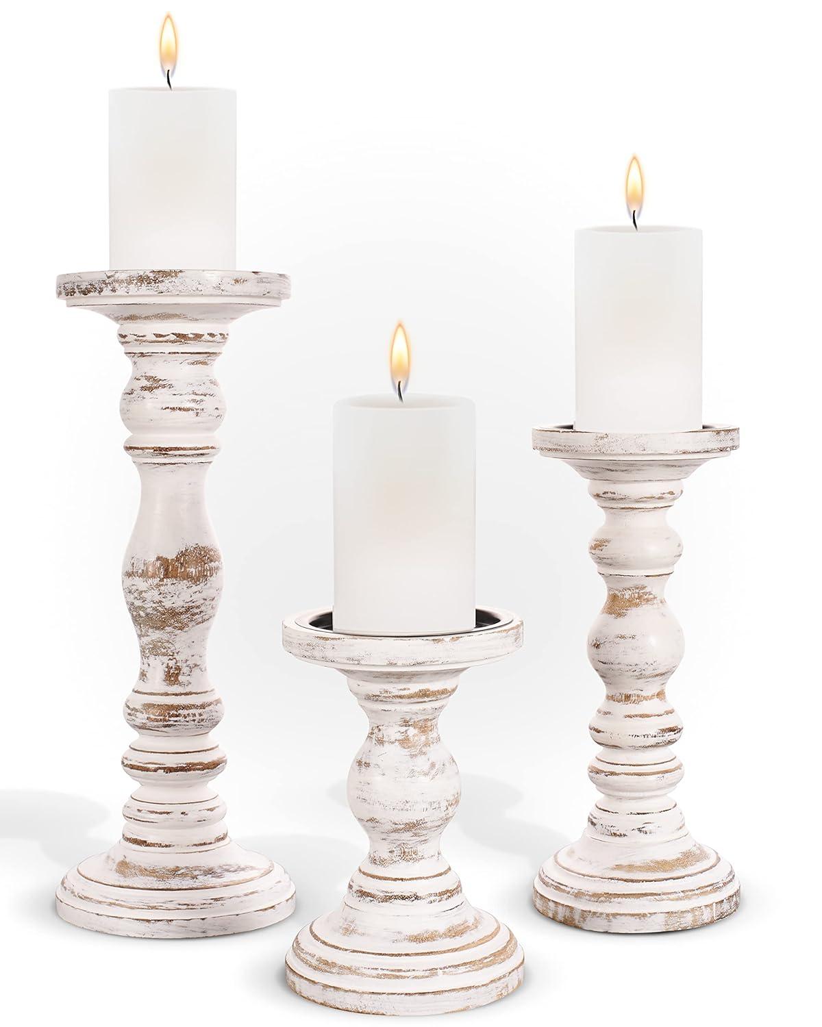 12'' Handcrafted Mango Wood Pillar Candle Holder Set – Rustic 3-Piece Set for LED Candles