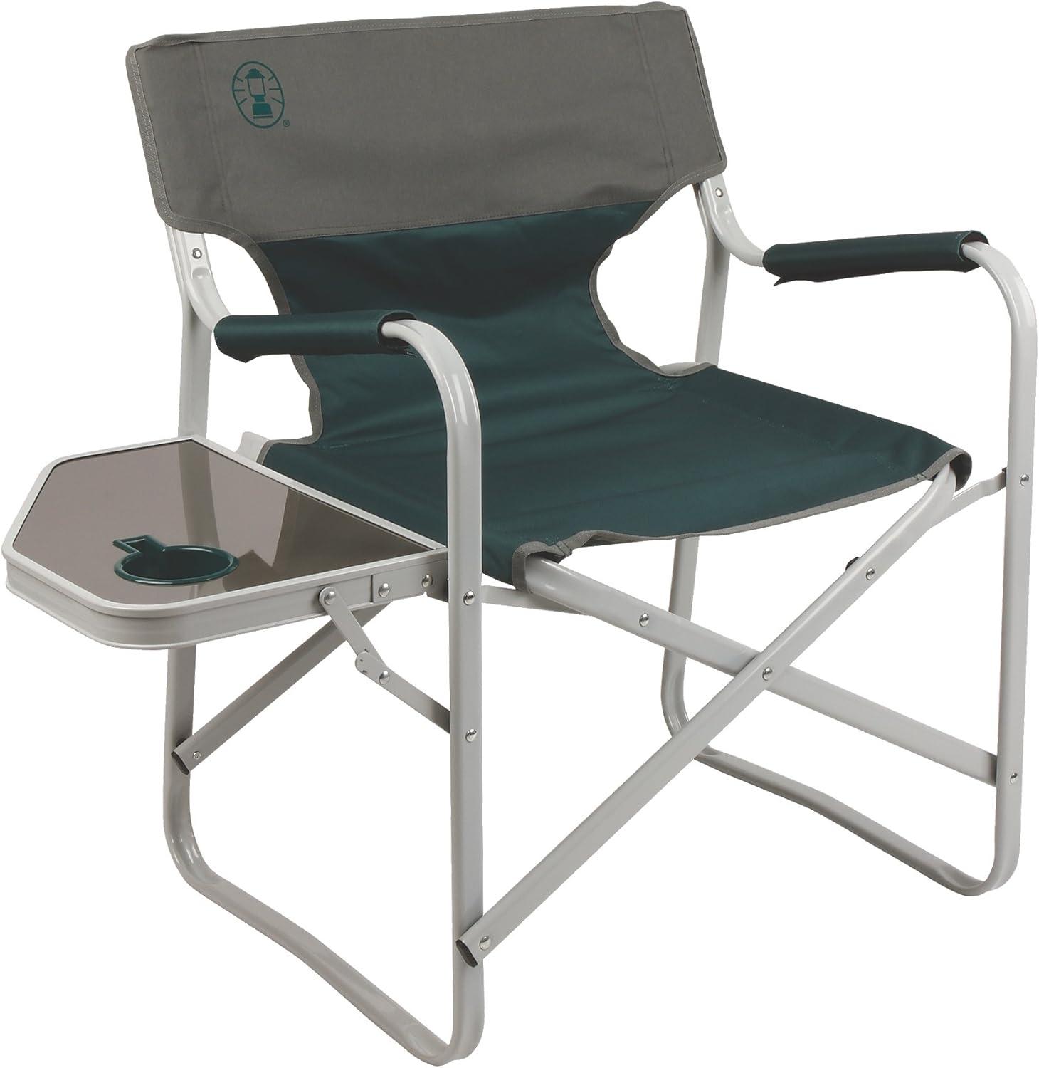 Green Folding Deck Chair with Side Table and Cup Holder