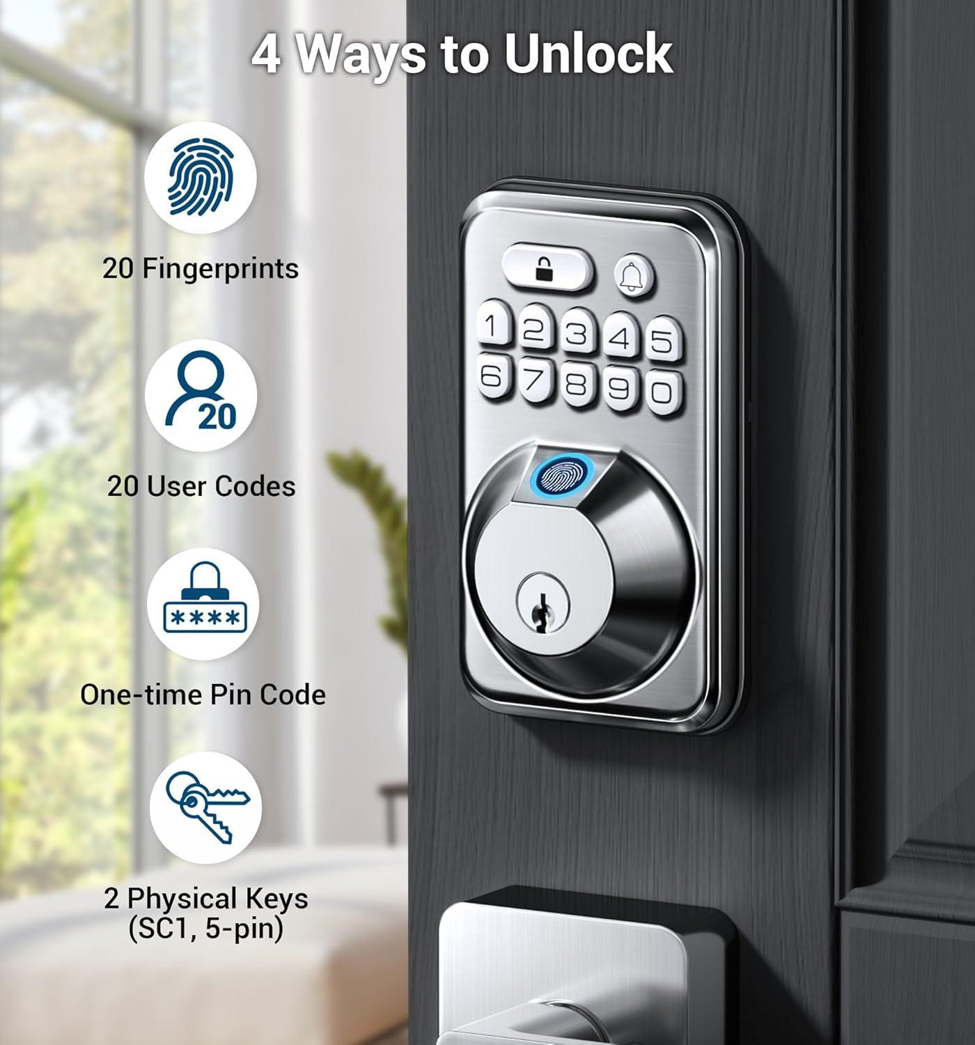 TEEHO Fingerpint Keyless Entry Keypad, Smart Digital Deadbolt Door Lock for Front Door, Remotely Share Temporary PIN Code, Easy Installation-Satin Nickel