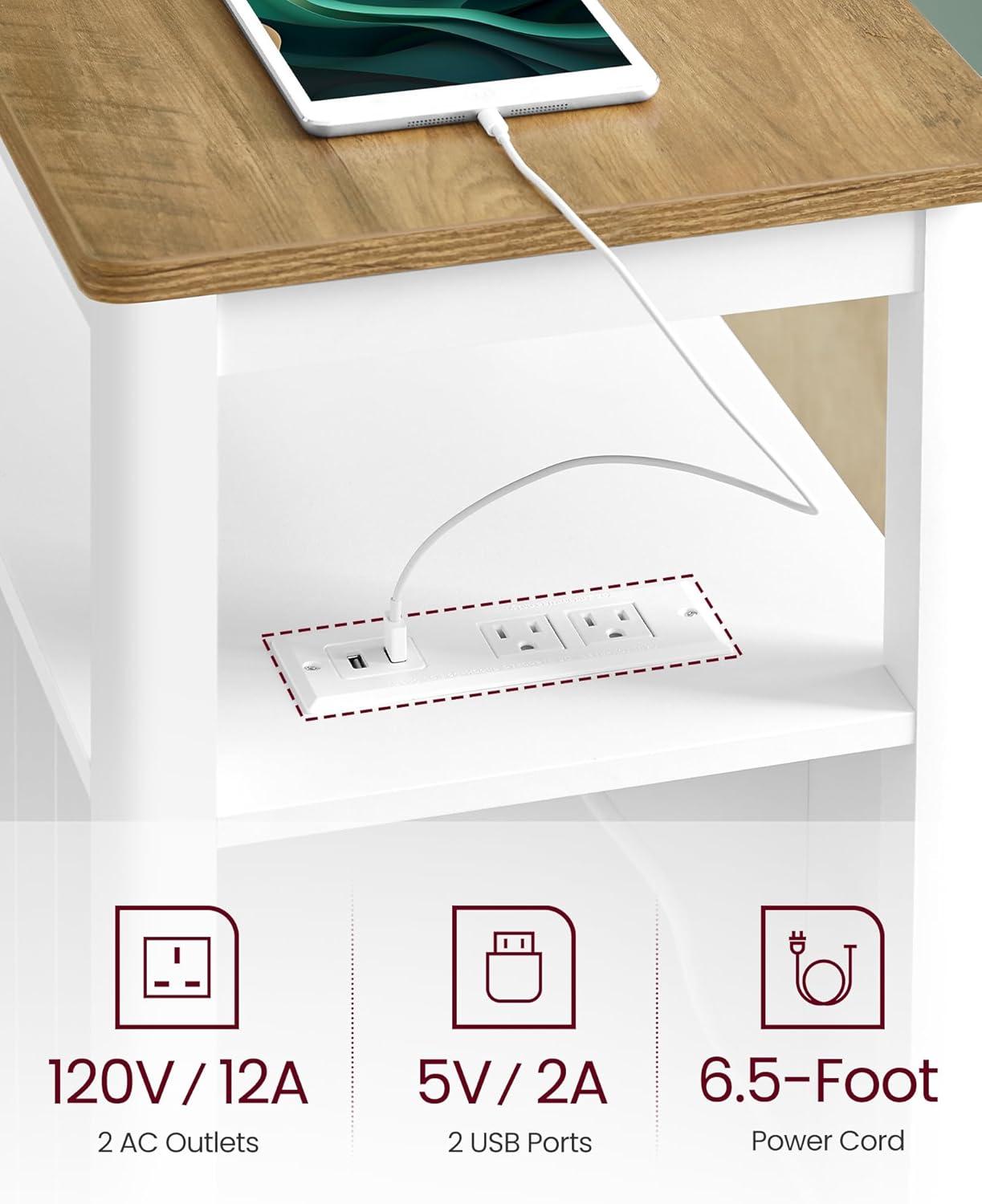 White and Walnut MDF Side Table with Storage and Charging Station