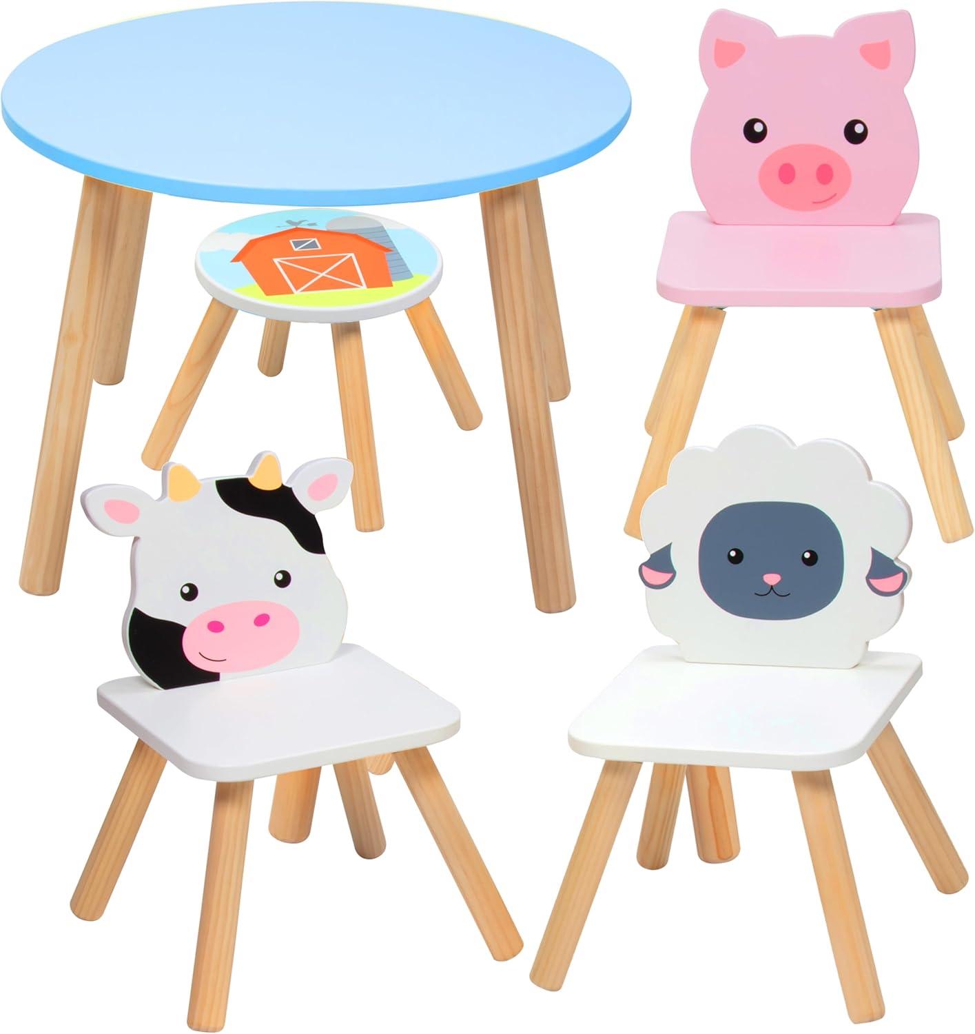 Kids Blue and White Wooden Animal Table Set with 3 Chairs