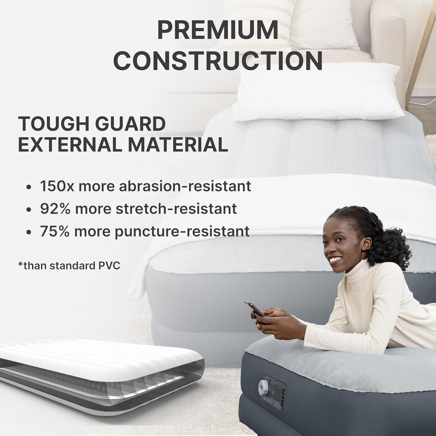 Twin Gray Polyester Inflatable Air Mattress with Built-in Pump